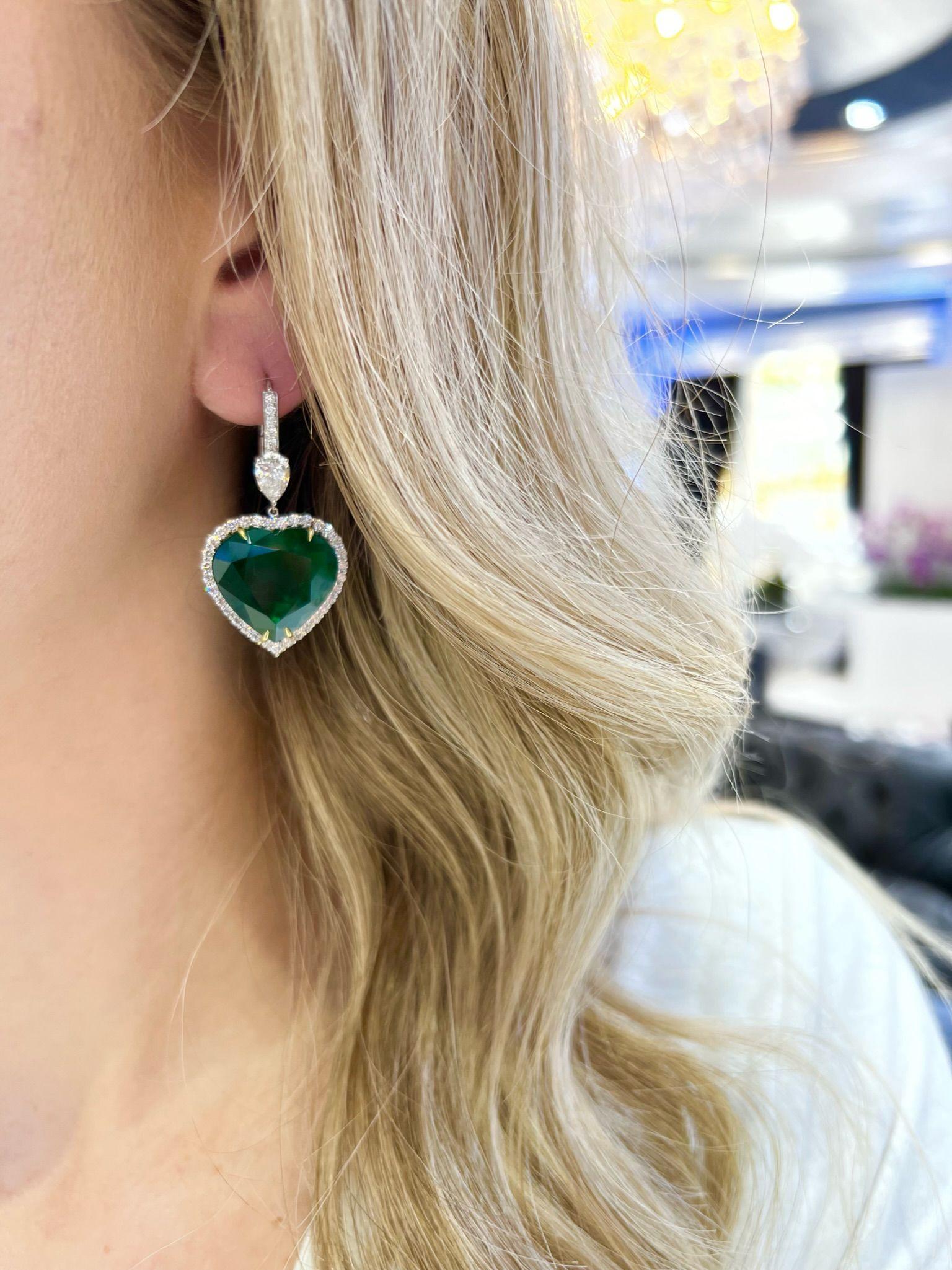 David Rosenberg 30.36 Carat Heart Shape Green Zambian Emerald Diamond Earrings For Sale 2
