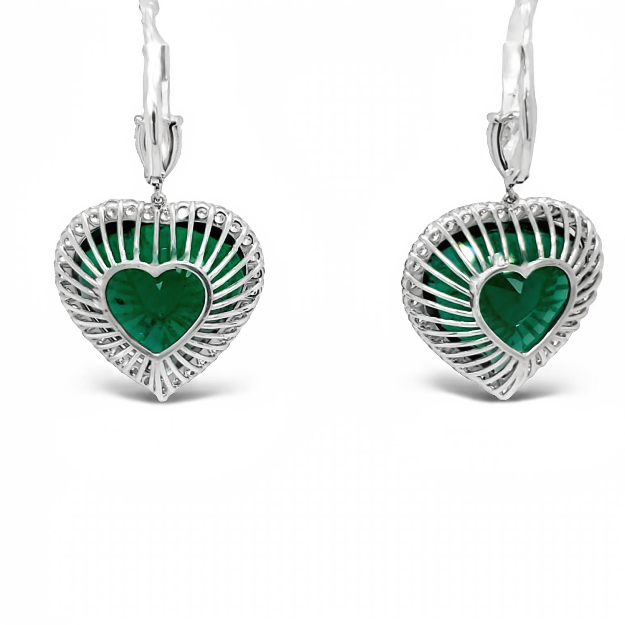Modern David Rosenberg 30.36 Carat Heart Shape Green Zambian Emerald Diamond Earrings For Sale