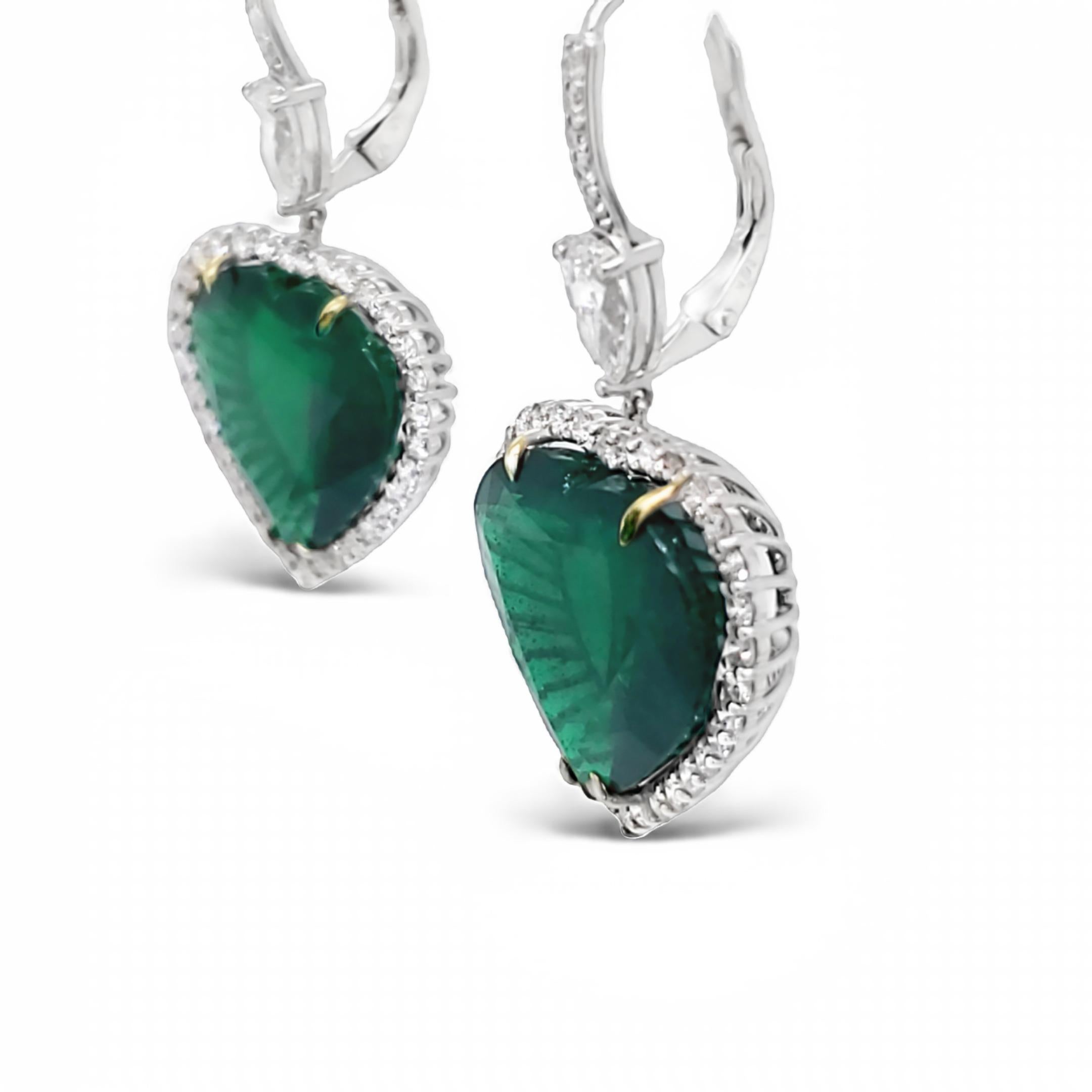 Heart Cut David Rosenberg 30.36 Carat Heart Shape Green Zambian Emerald Diamond Earrings For Sale