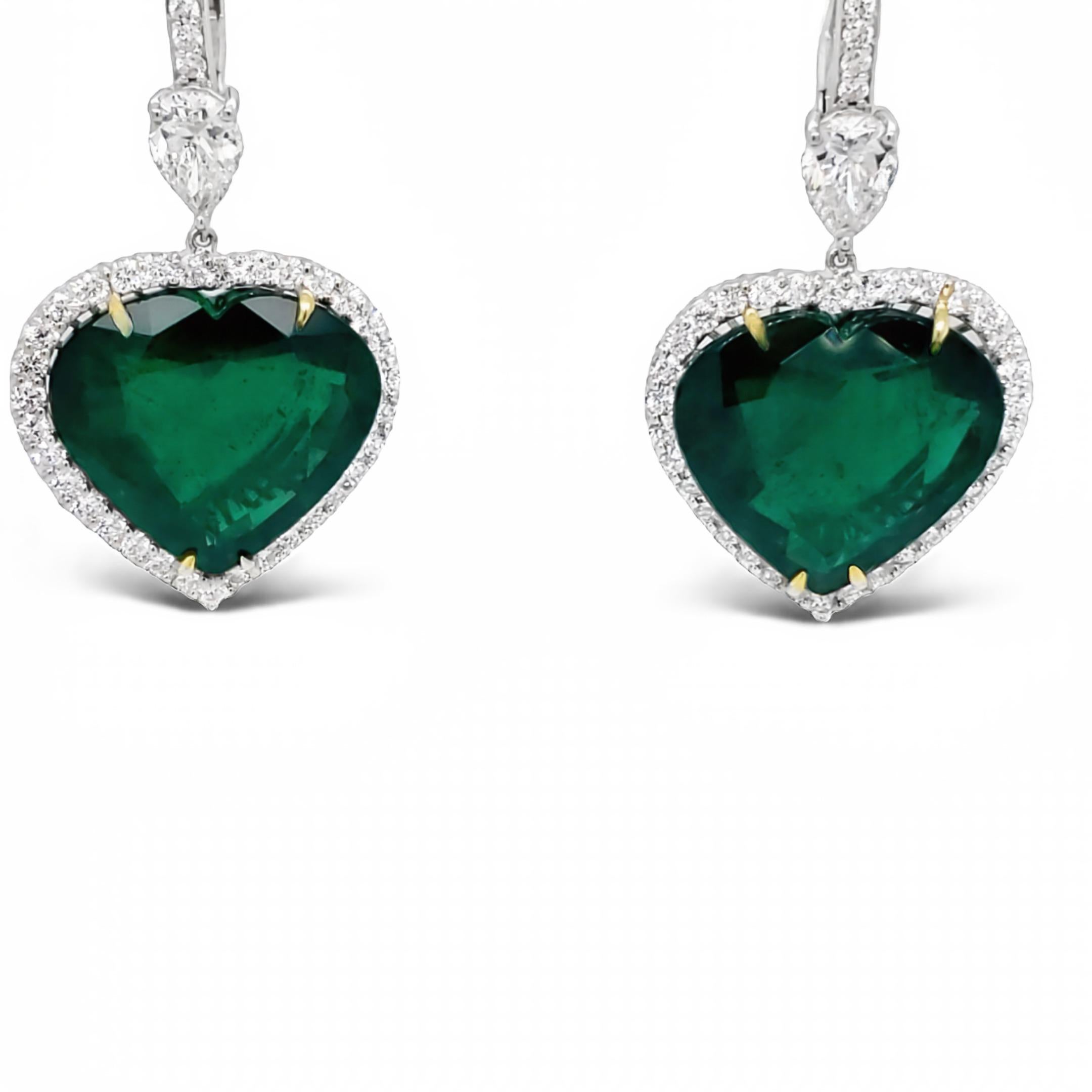 David Rosenberg 30.36 Carat Heart Shape Green Zambian Emerald Diamond Earrings In New Condition For Sale In Boca Raton, FL