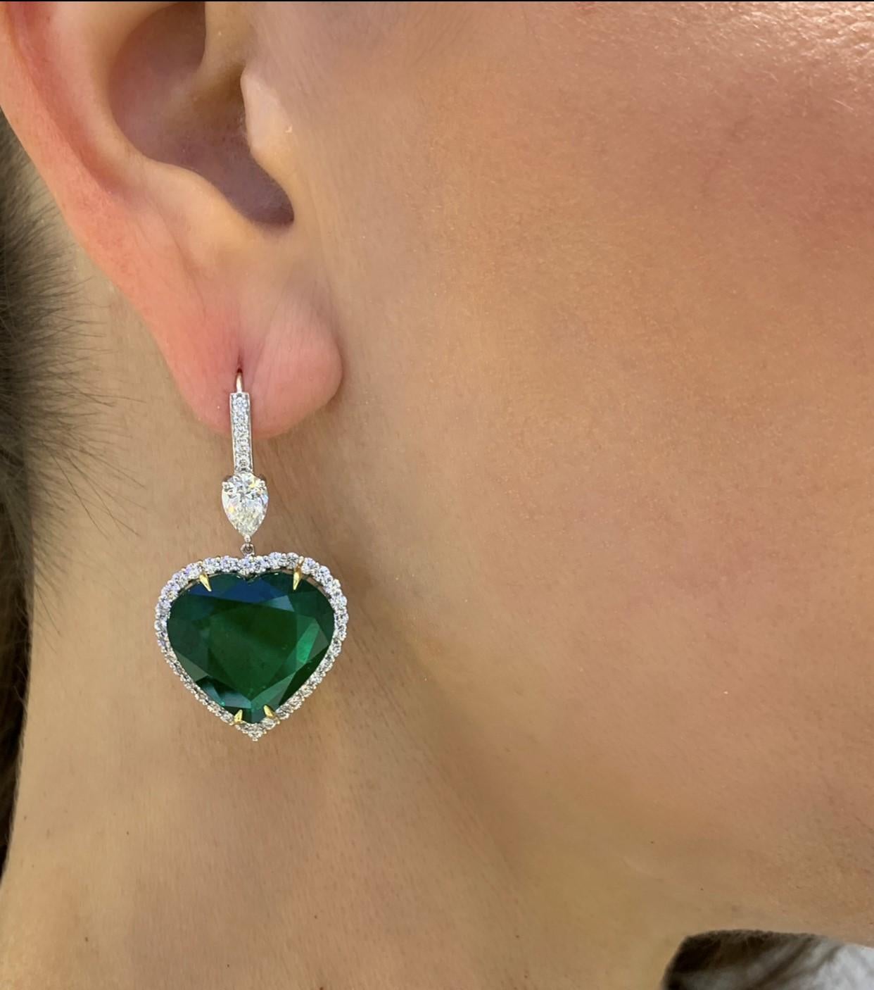 Women's David Rosenberg 30.36 Carat Heart Shape Green Zambian Emerald Diamond Earrings For Sale