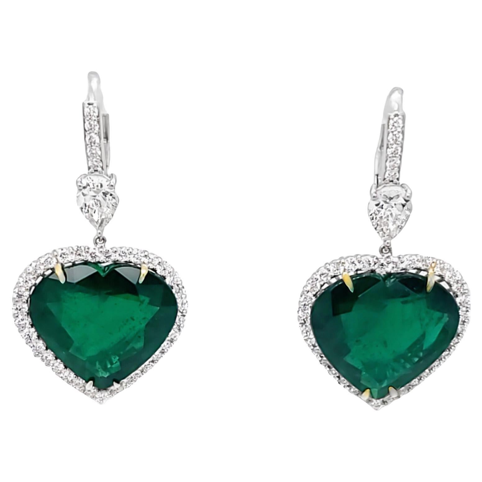 David Rosenberg 30.36 Carat Heart Shape Green Zambian Emerald Diamond Earrings