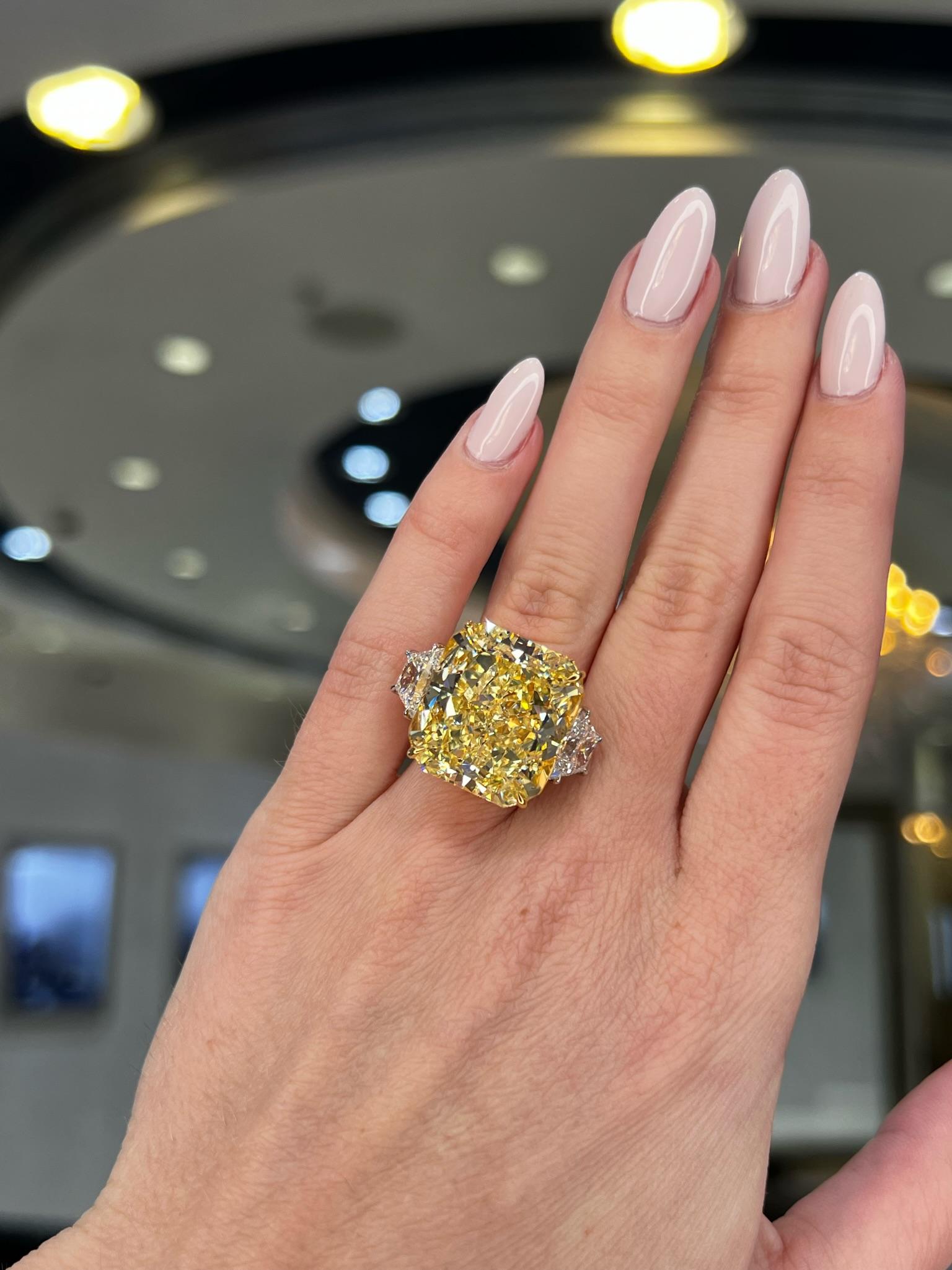 David Rosenberg 32.01 Carat Radiant Fancy Yellow GIA Diamond Engagement Ring For Sale 3
