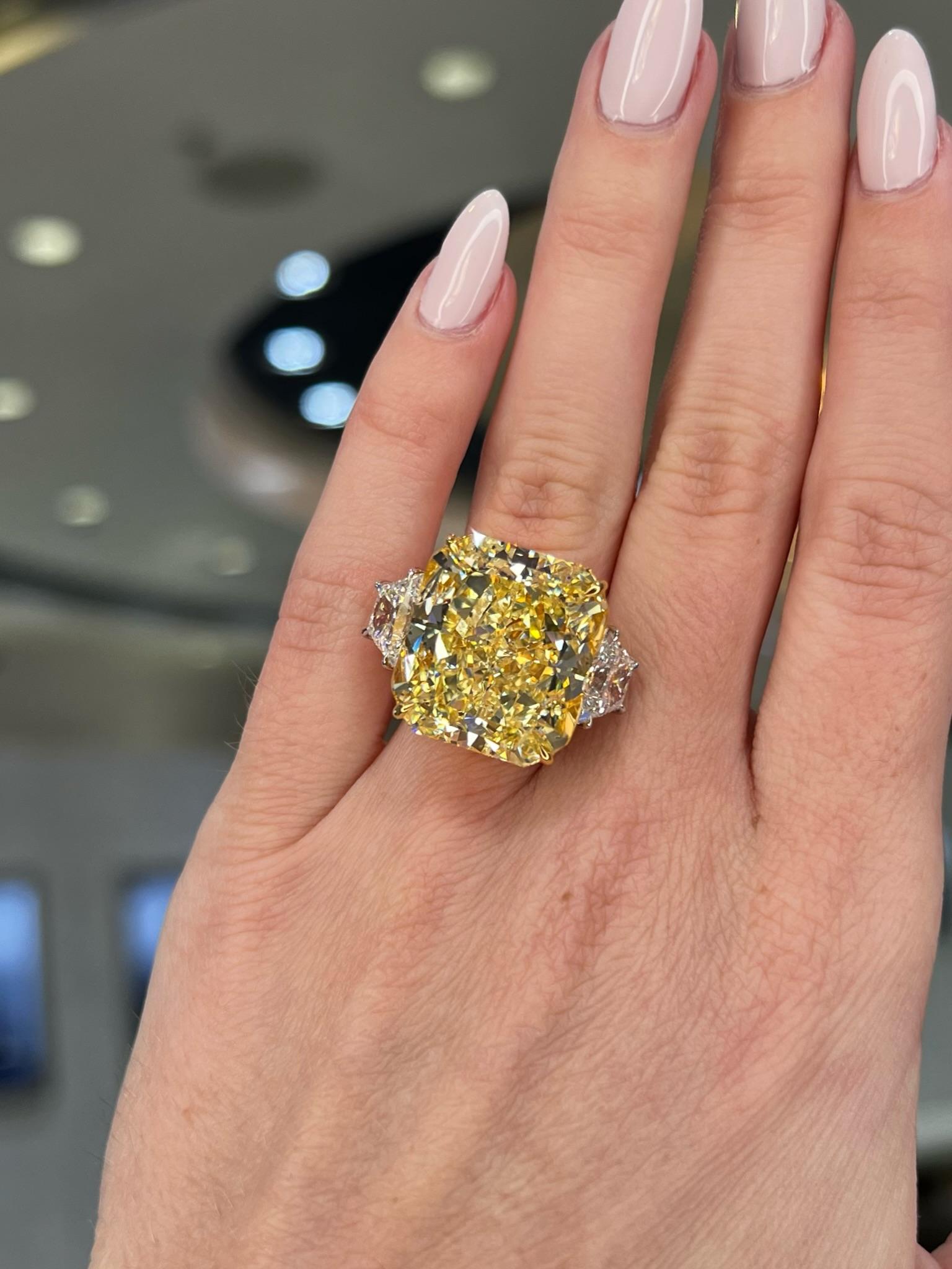 David Rosenberg 32.01 Carat Radiant Fancy Yellow GIA Diamond Engagement Ring For Sale 4