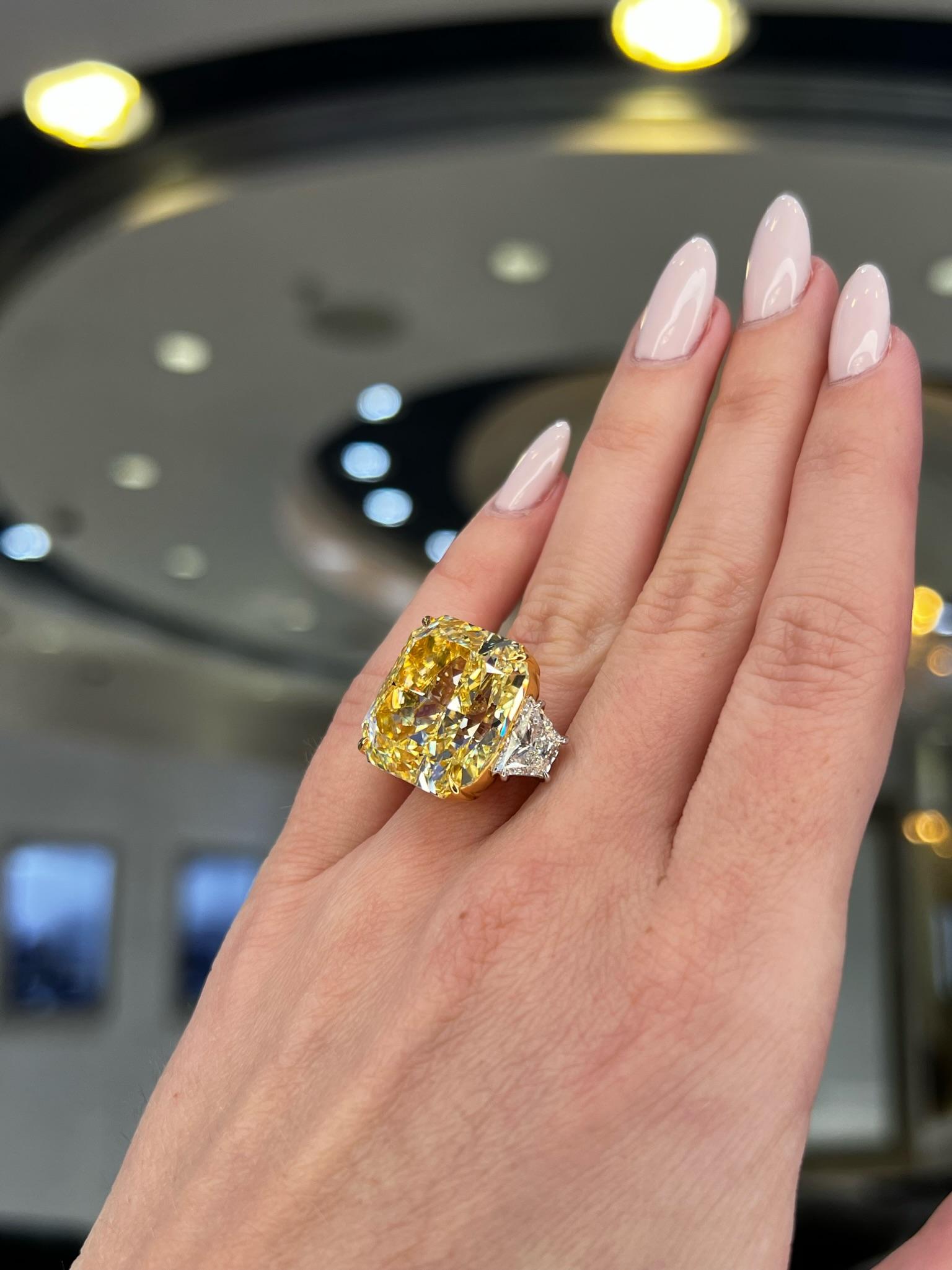 David Rosenberg 32.01 Carat Radiant Fancy Yellow GIA Diamond Engagement Ring For Sale 3
