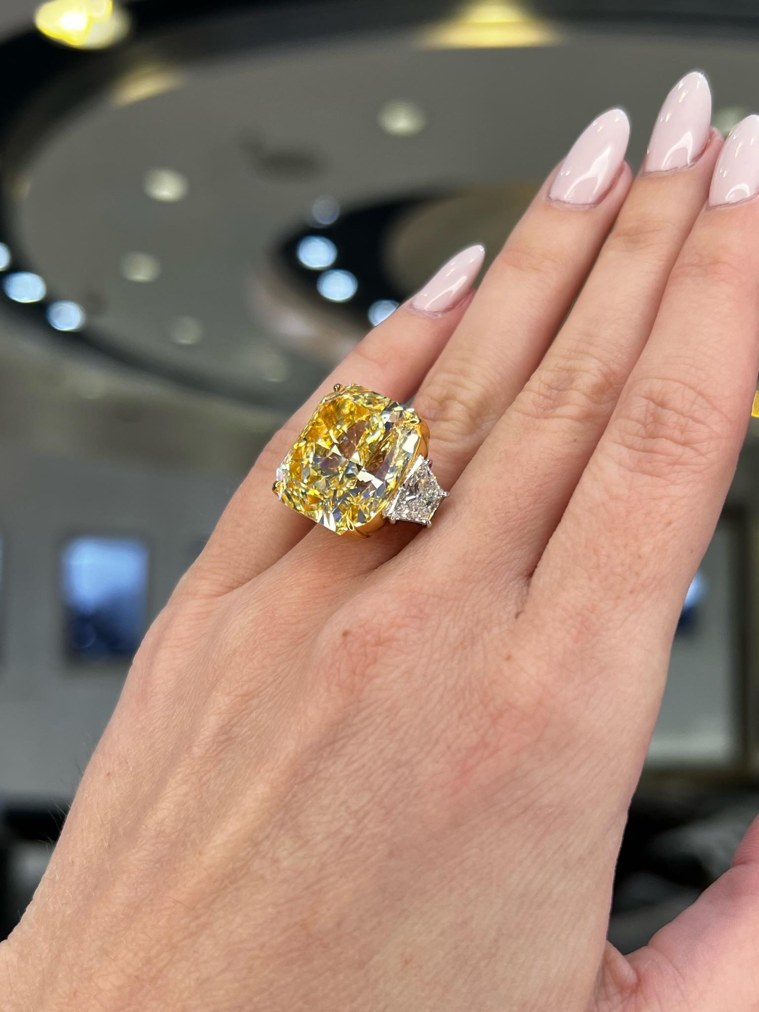 David Rosenberg 32.01 Carat Radiant Fancy Yellow GIA Diamond Engagement Ring For Sale 6