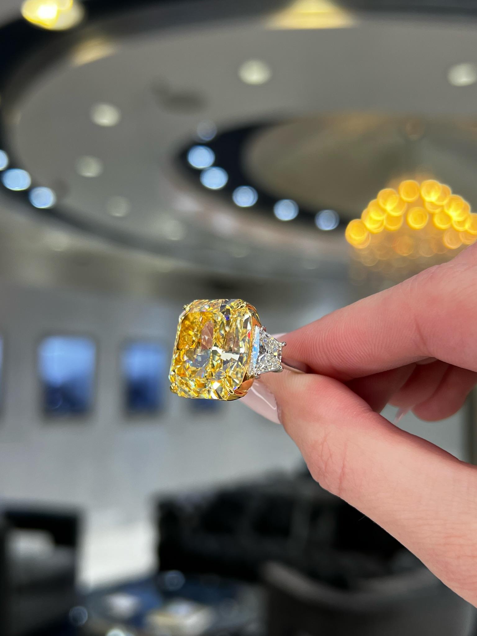 David Rosenberg 32.01 Carat Radiant Fancy Yellow GIA Diamond Engagement Ring For Sale 9