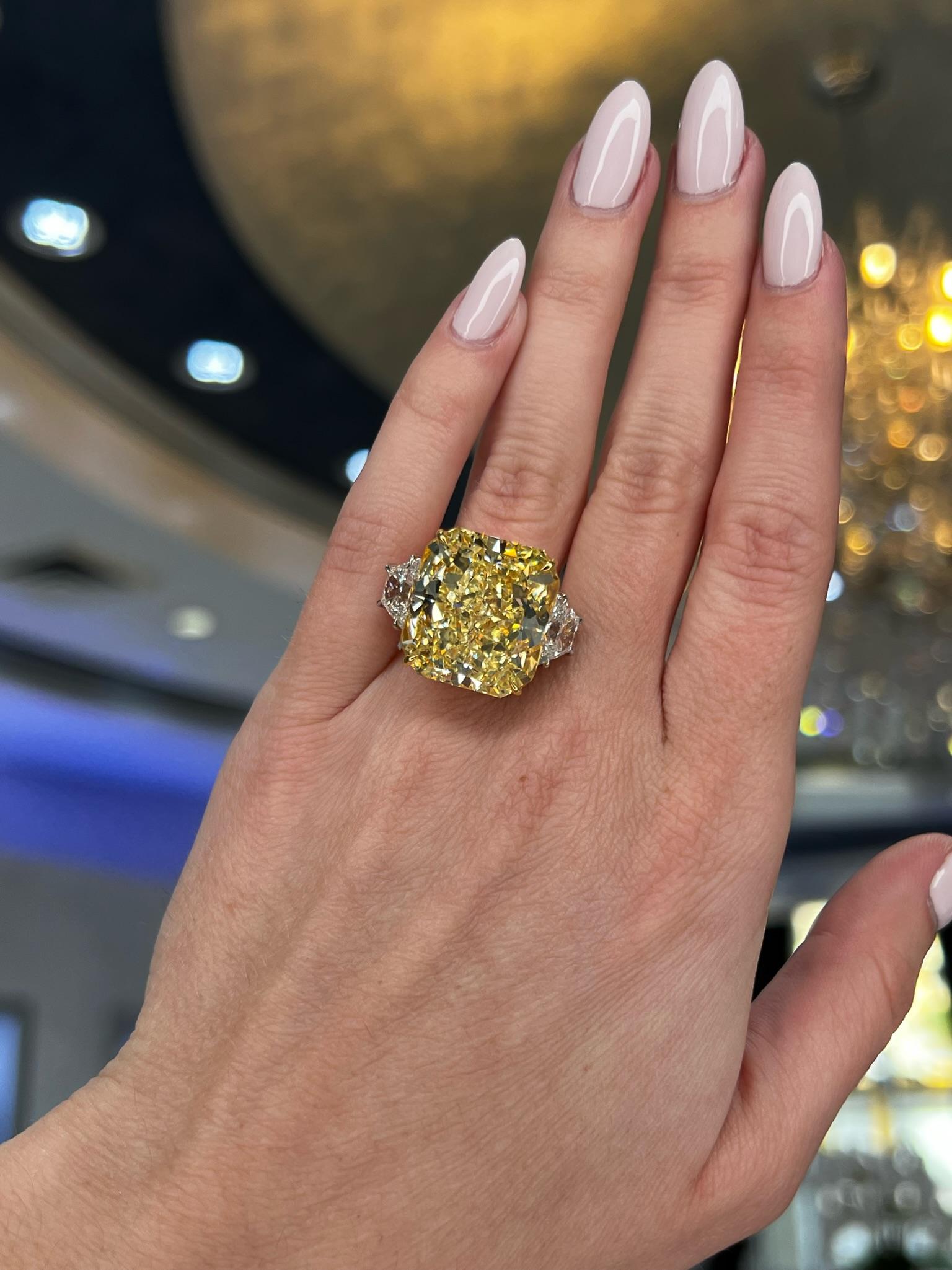 David Rosenberg 32.01 Carat Radiant Fancy Yellow GIA Diamond Engagement Ring For Sale 11