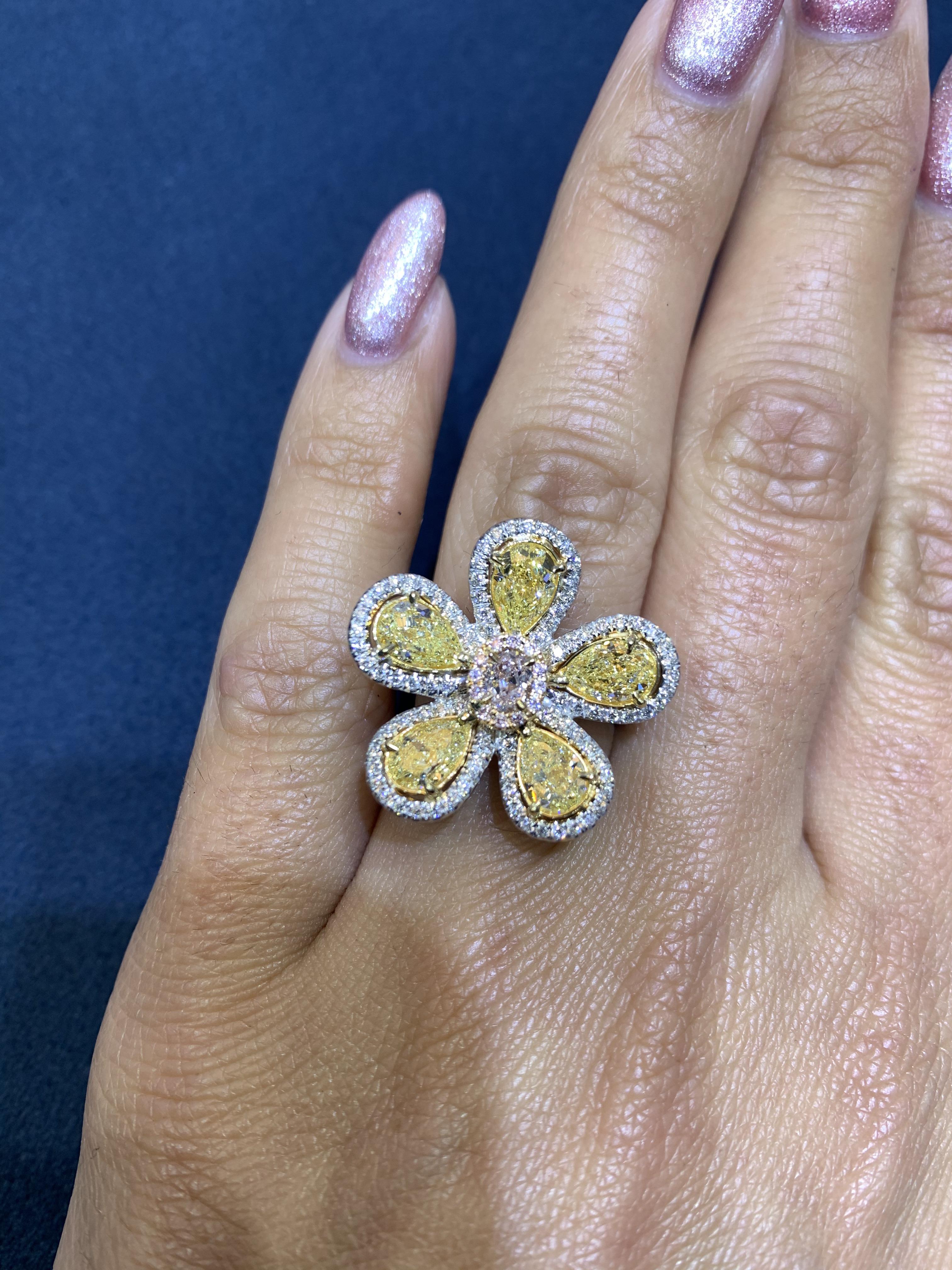 David Rosenberg 3.23 Total Carat Yellow and Pink Multi Shape Diamond Flower Ring For Sale 3