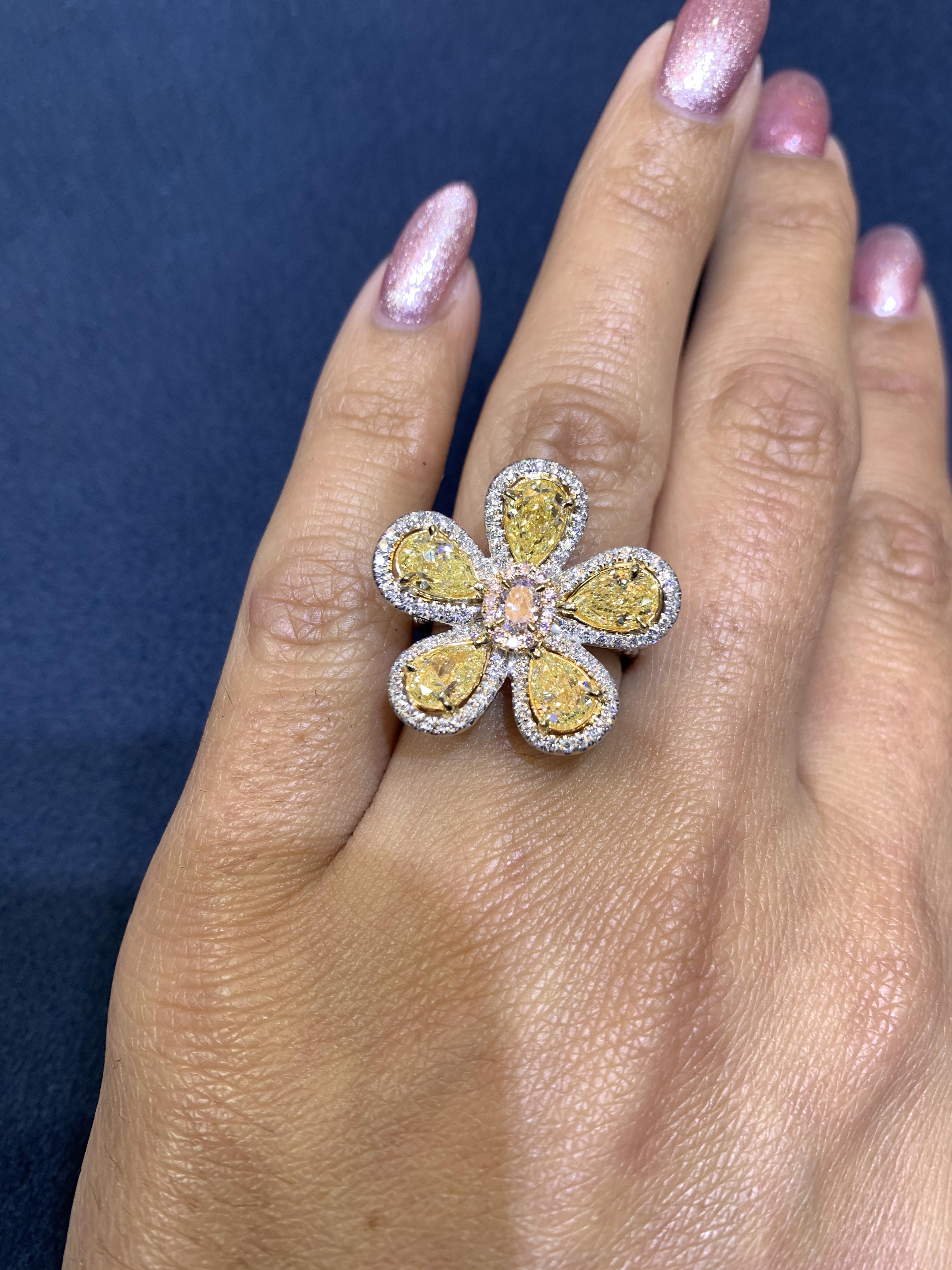David Rosenberg 3.23 Total Carat Yellow and Pink Multi Shape Diamond Flower Ring For Sale 4