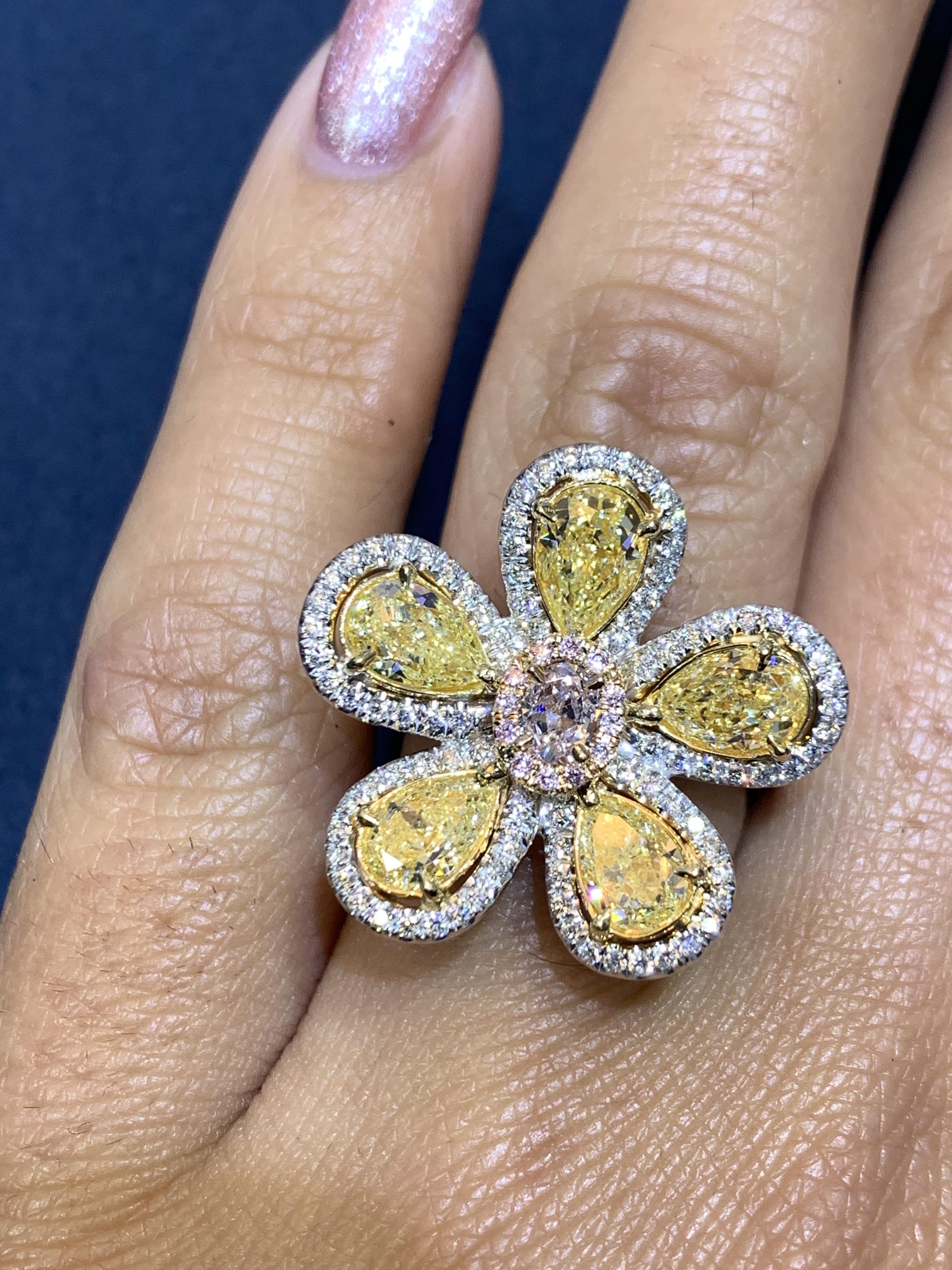 David Rosenberg 3.23 Total Carat Yellow and Pink Multi Shape Diamond Flower Ring For Sale 5