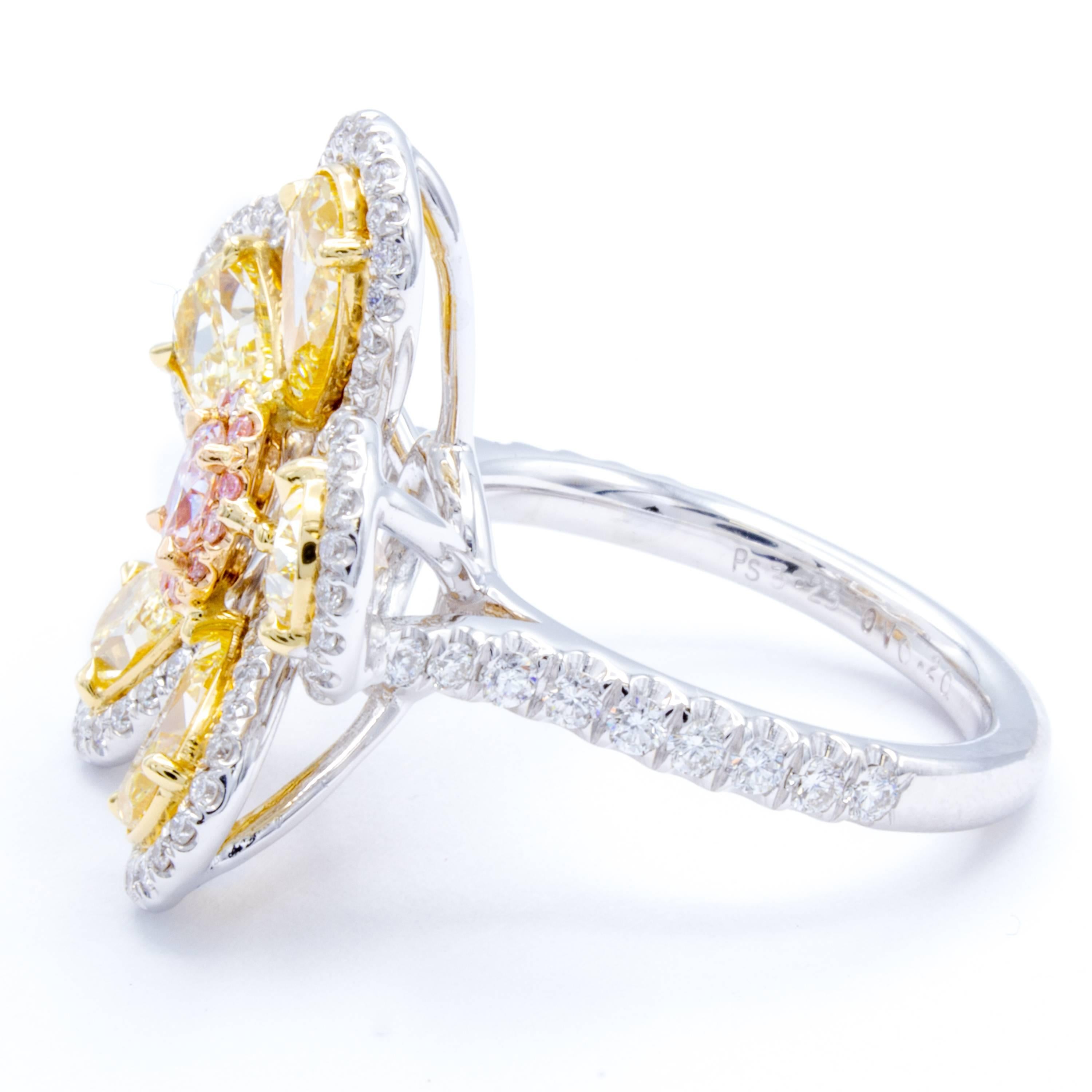Modern David Rosenberg 3.23 Total Carat Yellow and Pink Multi Shape Diamond Flower Ring For Sale
