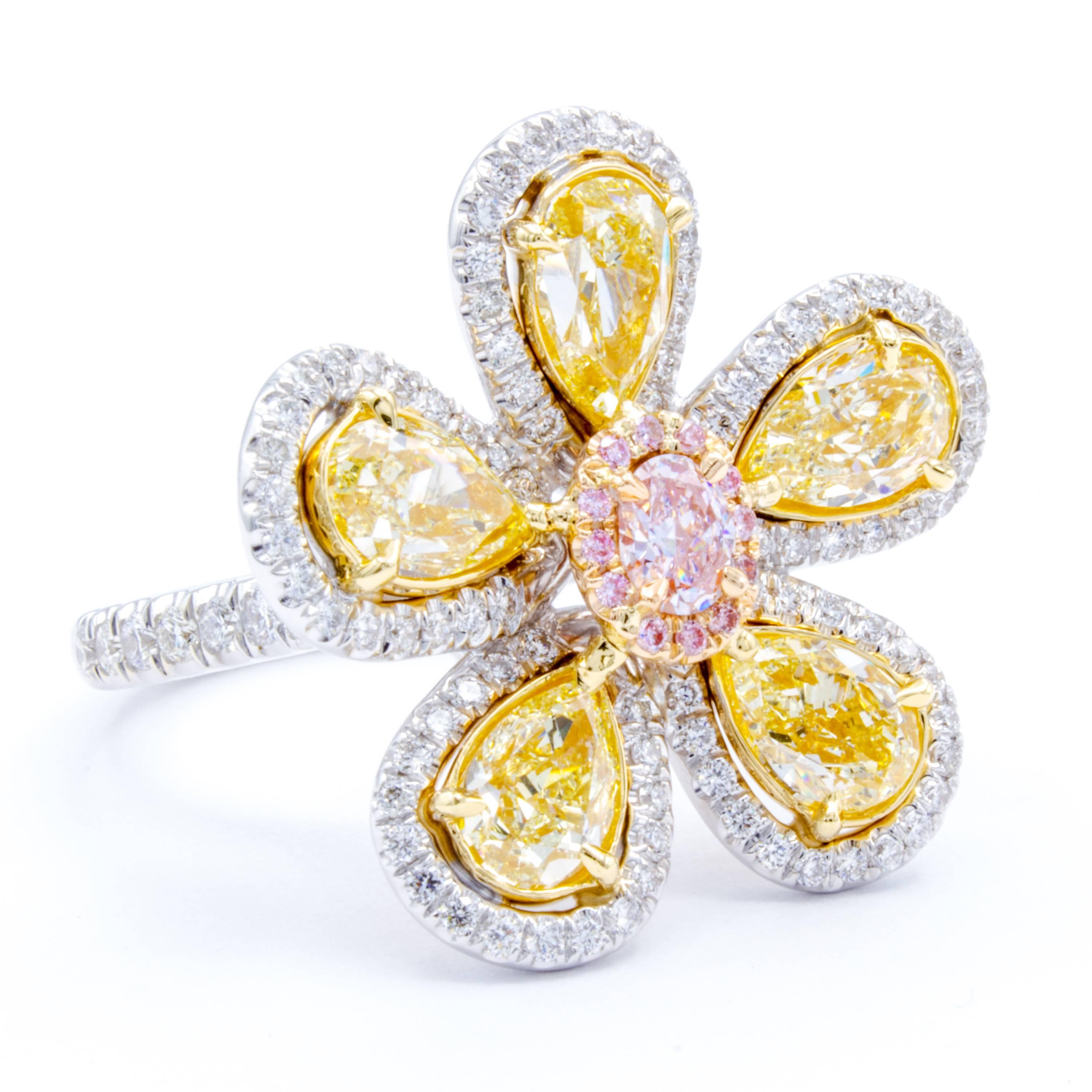 Women's David Rosenberg 3.23 Total Carat Yellow and Pink Multi Shape Diamond Flower Ring For Sale