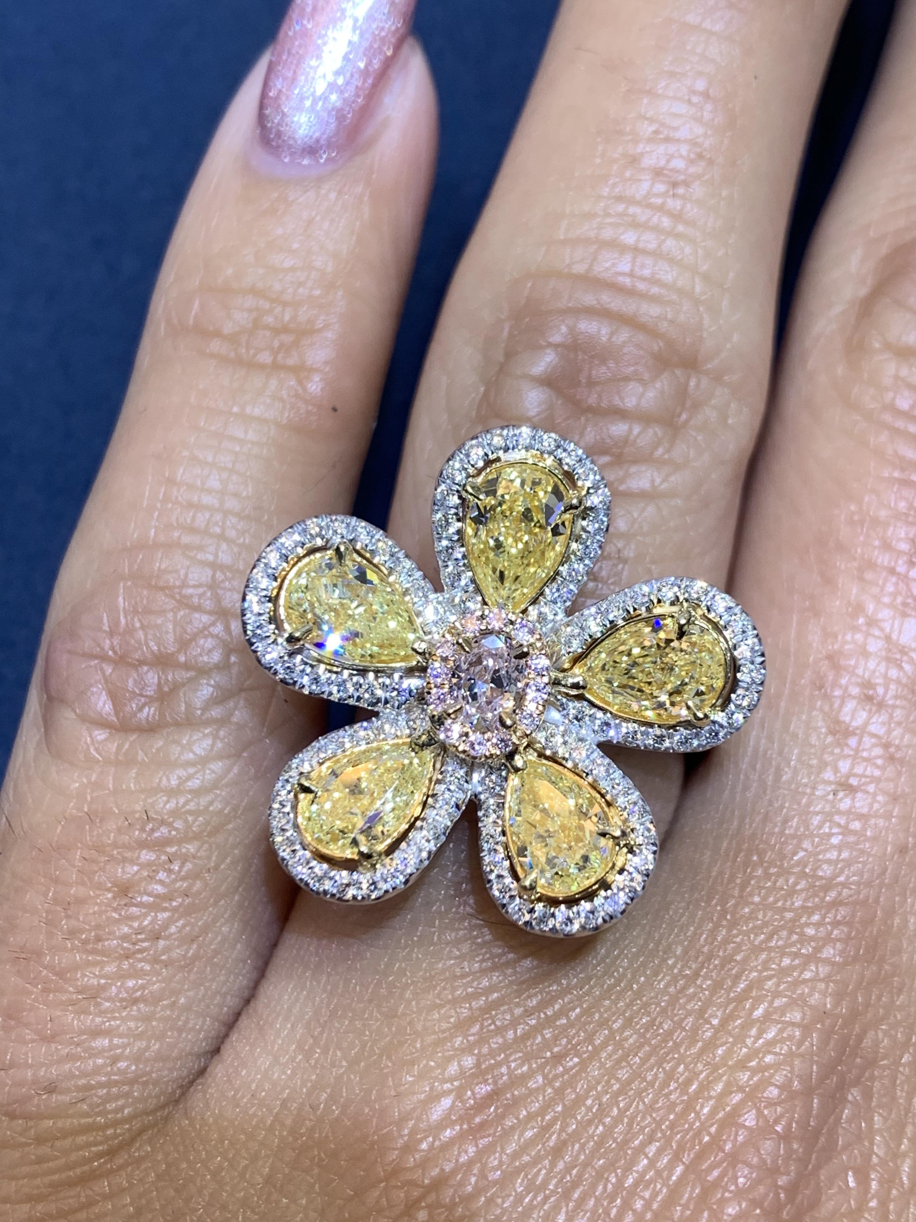 David Rosenberg 3.23 Total Carat Yellow and Pink Multi Shape Diamond Flower Ring For Sale 2