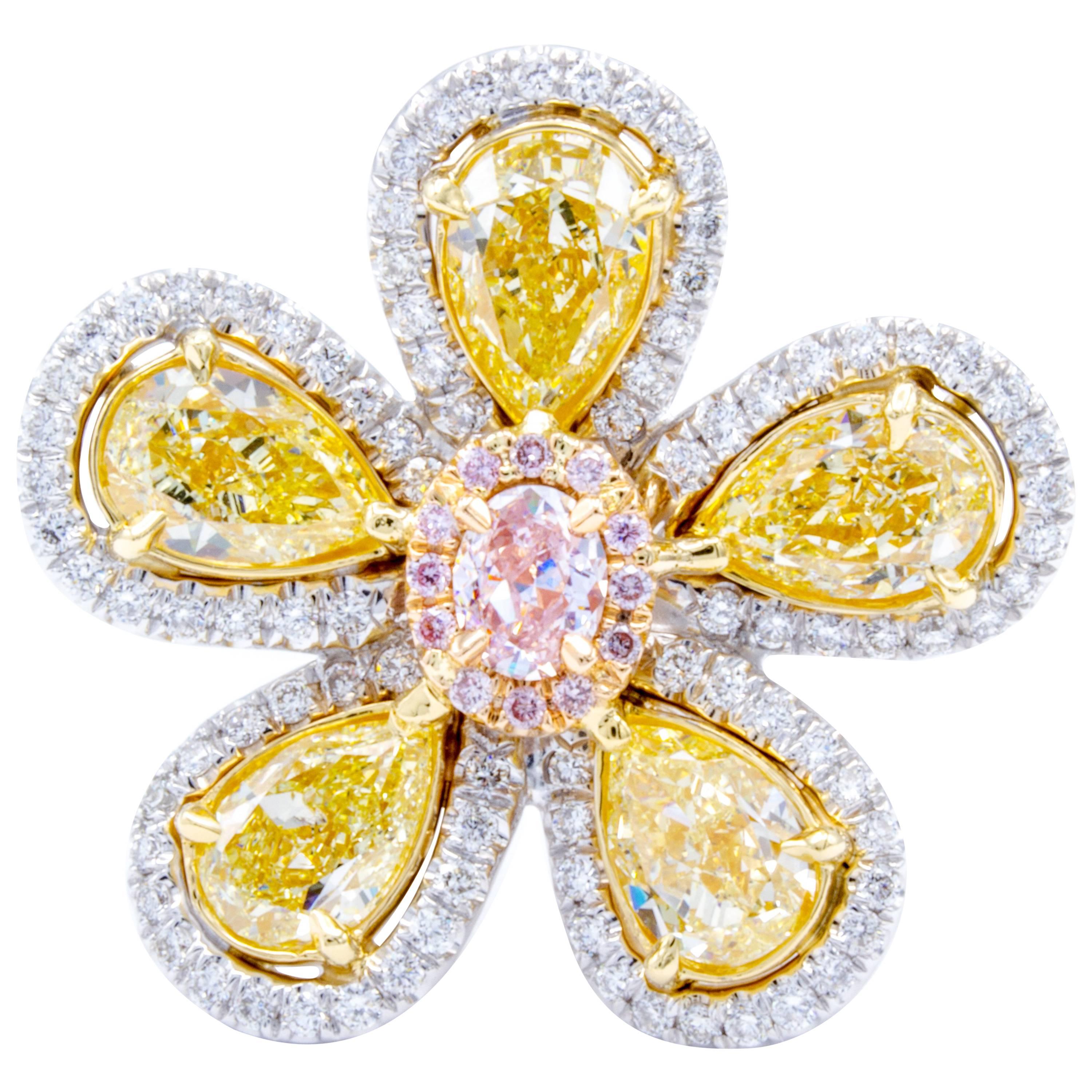 David Rosenberg 3.23 Total Carat Yellow and Pink Multi Shape Diamond Flower Ring For Sale