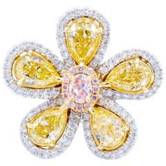 David Rosenberg 3.23 Total Carat Yellow and Pink Multi Shape Diamond Flower Ring