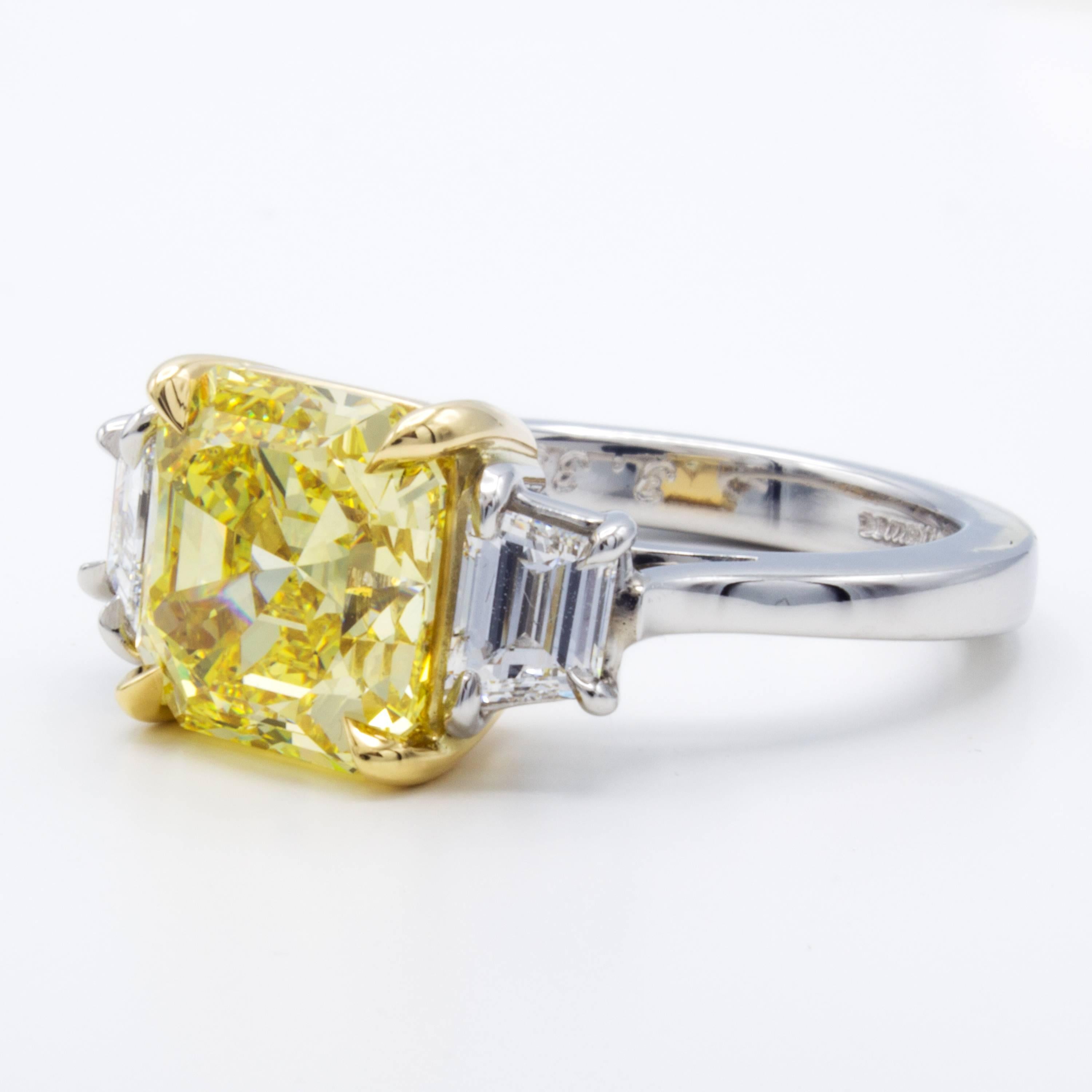 Modern David Rosenberg 3.39 Carat Asscher Fancy Vivid GIA Three-Stone Diamond Ring