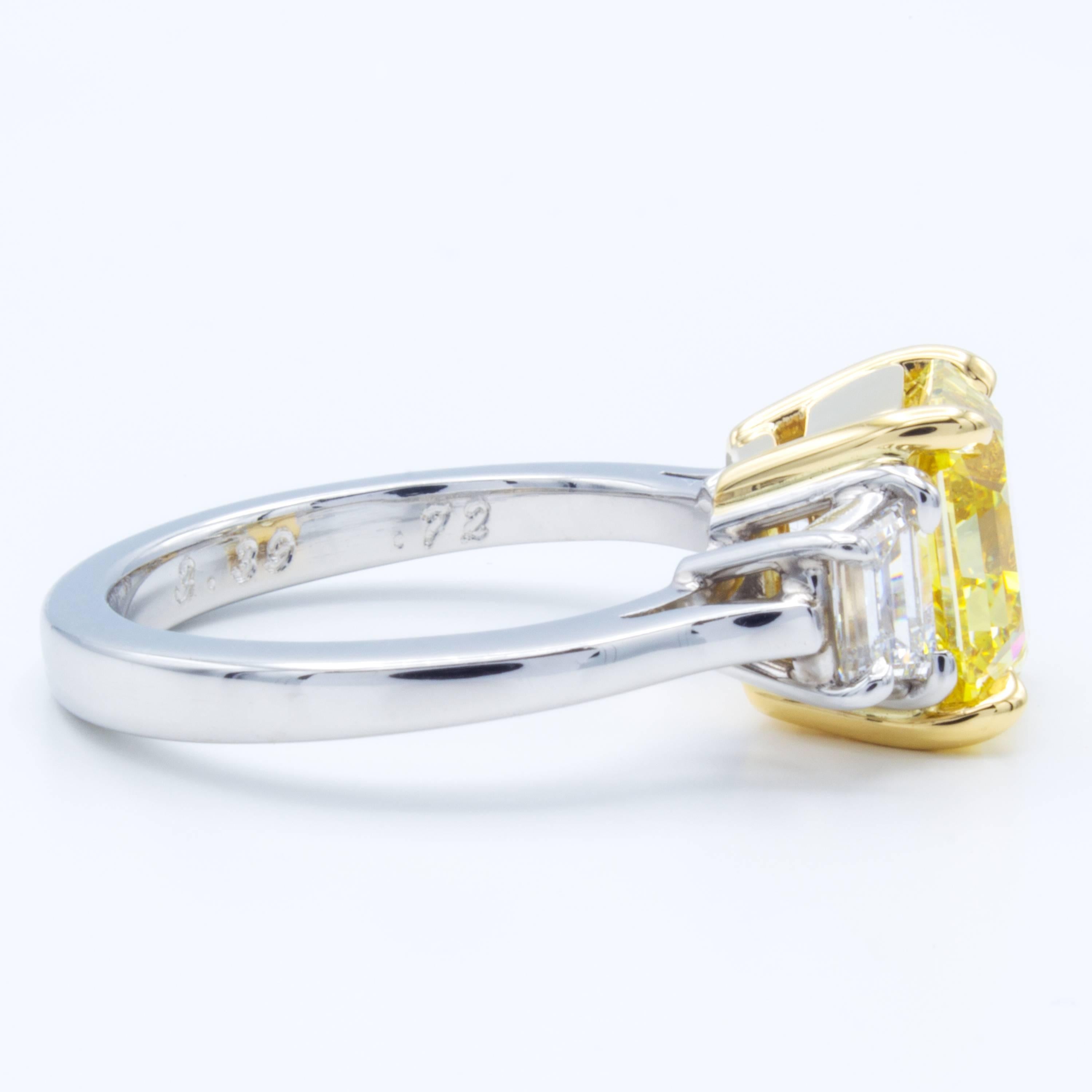 David Rosenberg 3.39 Carat Asscher Fancy Vivid GIA Three-Stone Diamond Ring In New Condition In Boca Raton, FL