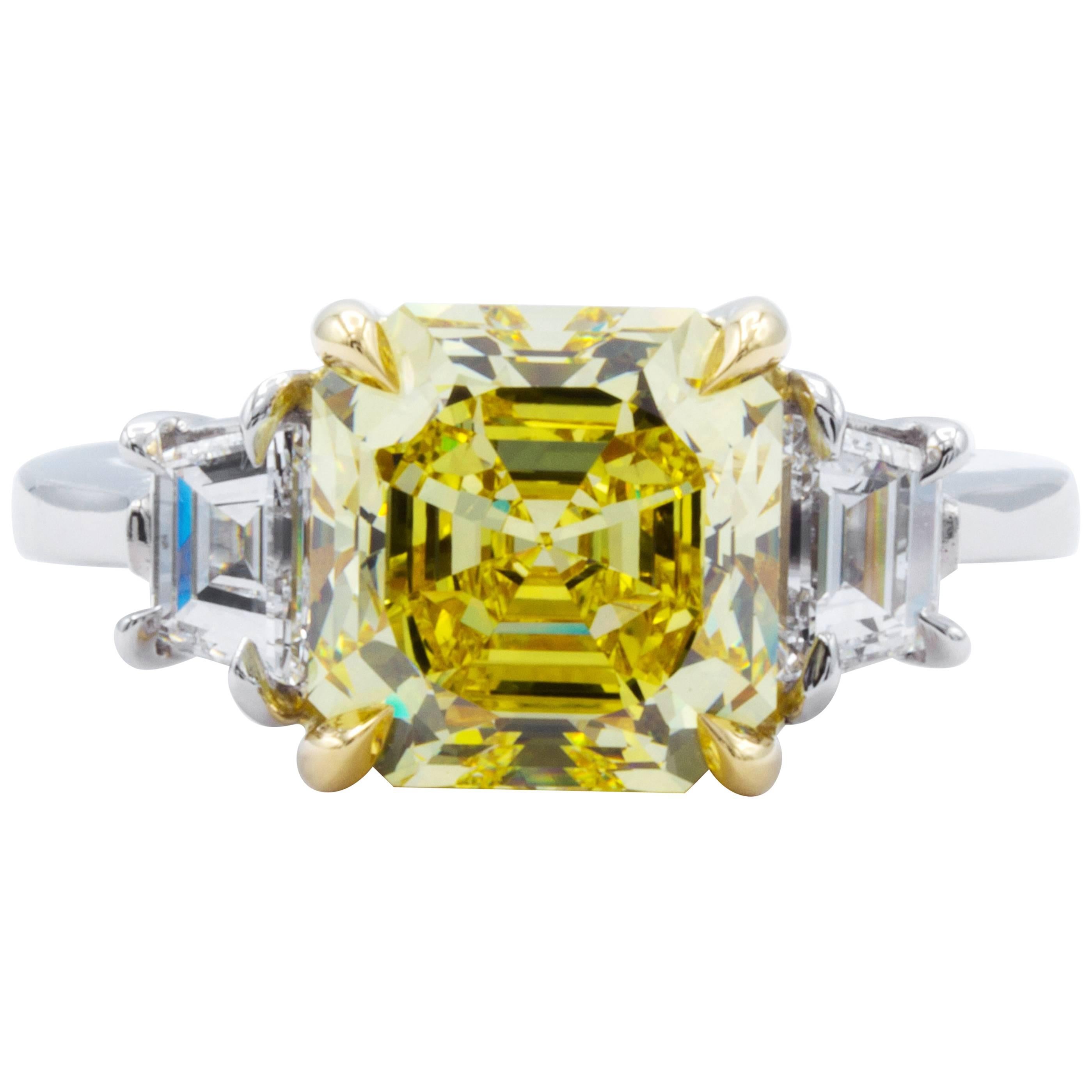 David Rosenberg 3.39 Carat Asscher Fancy Vivid GIA Three-Stone Diamond Ring