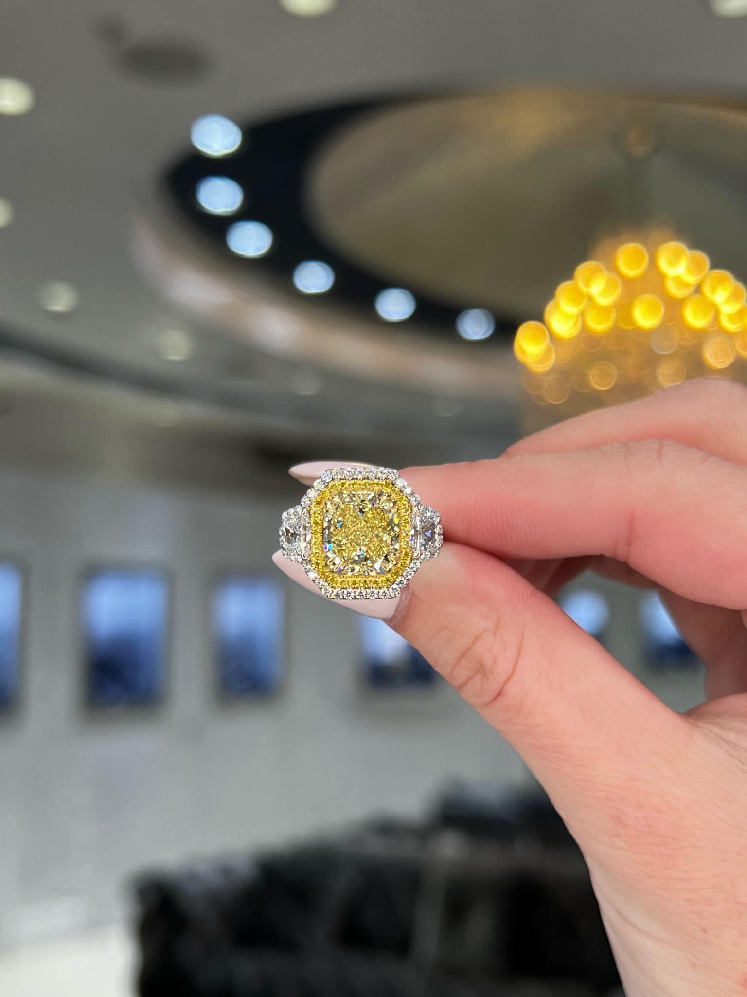 David Rosenberg 3.67 Carat Radiant Fancy Yellow VVS2 GIA Diamond Engagement Ring For Sale 10