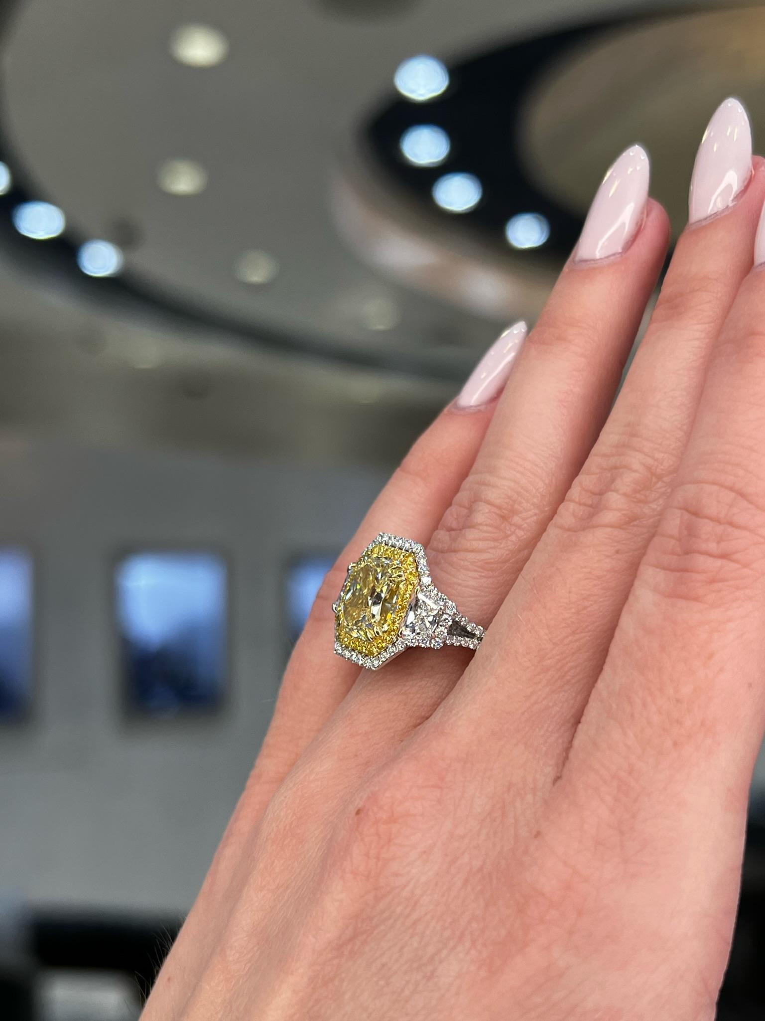 David Rosenberg 3.67 Carat Radiant Fancy Yellow VVS2 GIA Diamond Engagement Ring For Sale 5