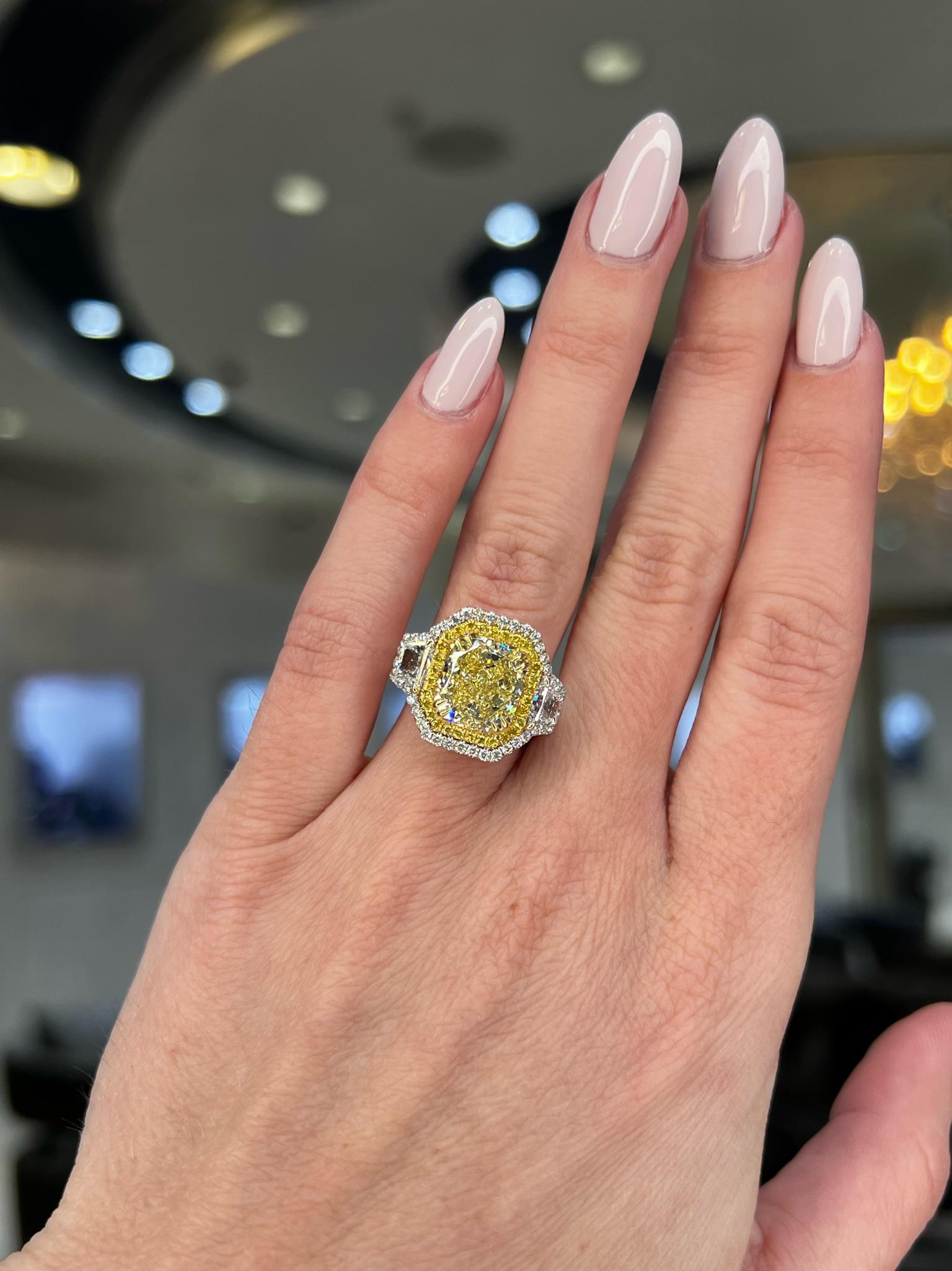 David Rosenberg 3.67 Carat Radiant Fancy Yellow VVS2 GIA Diamond Engagement Ring For Sale 6