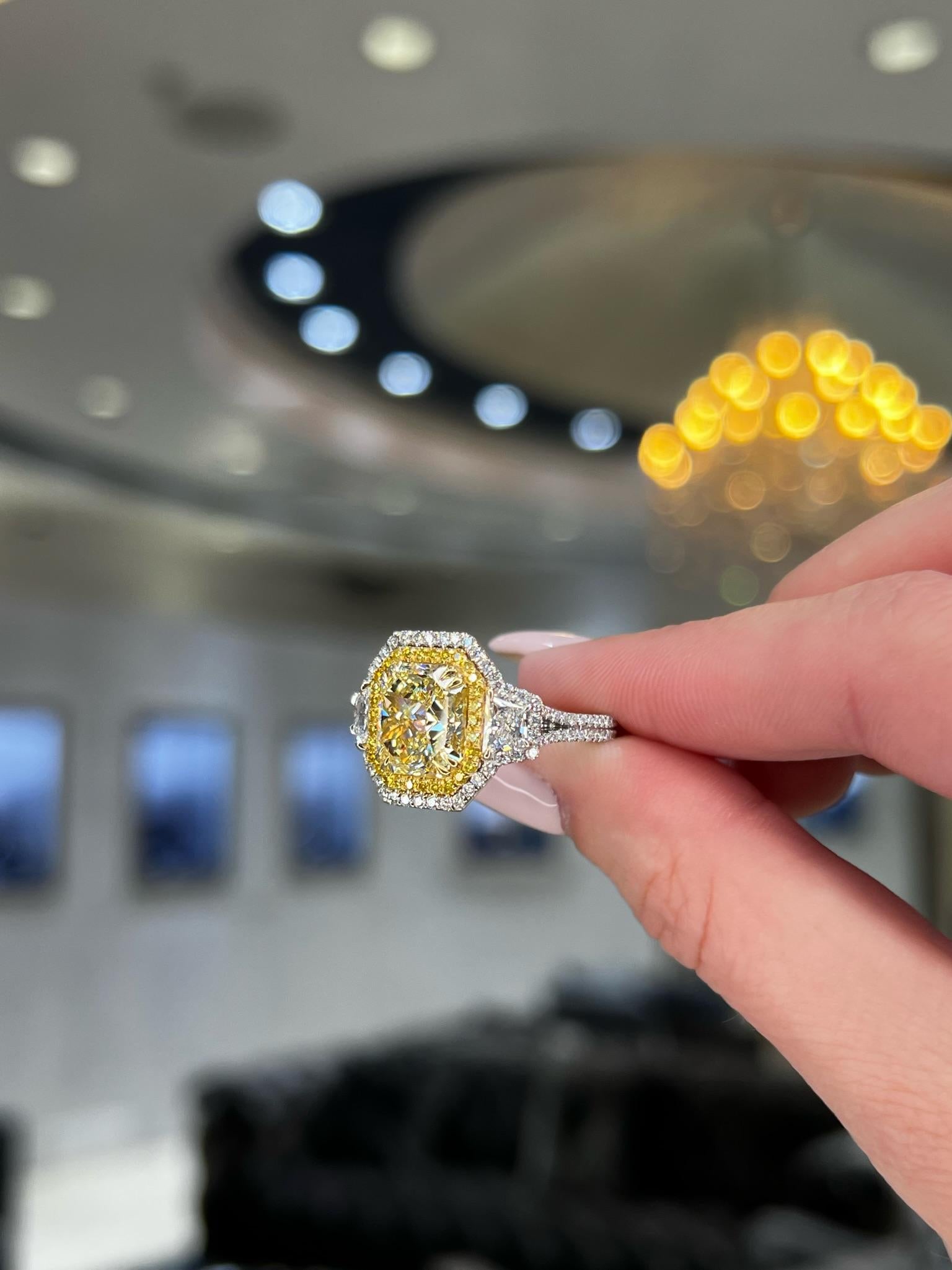 David Rosenberg 3.67 Carat Radiant Fancy Yellow VVS2 GIA Diamond Engagement Ring For Sale 7