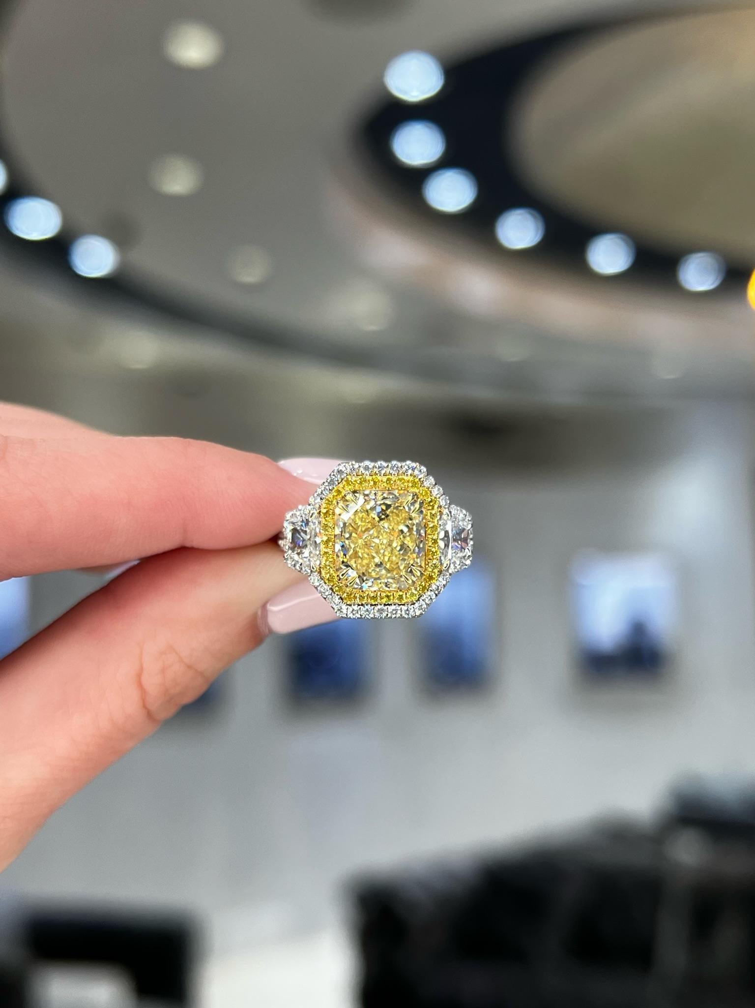 David Rosenberg 3.67 Carat Radiant Fancy Yellow VVS2 GIA Diamond Engagement Ring For Sale 9