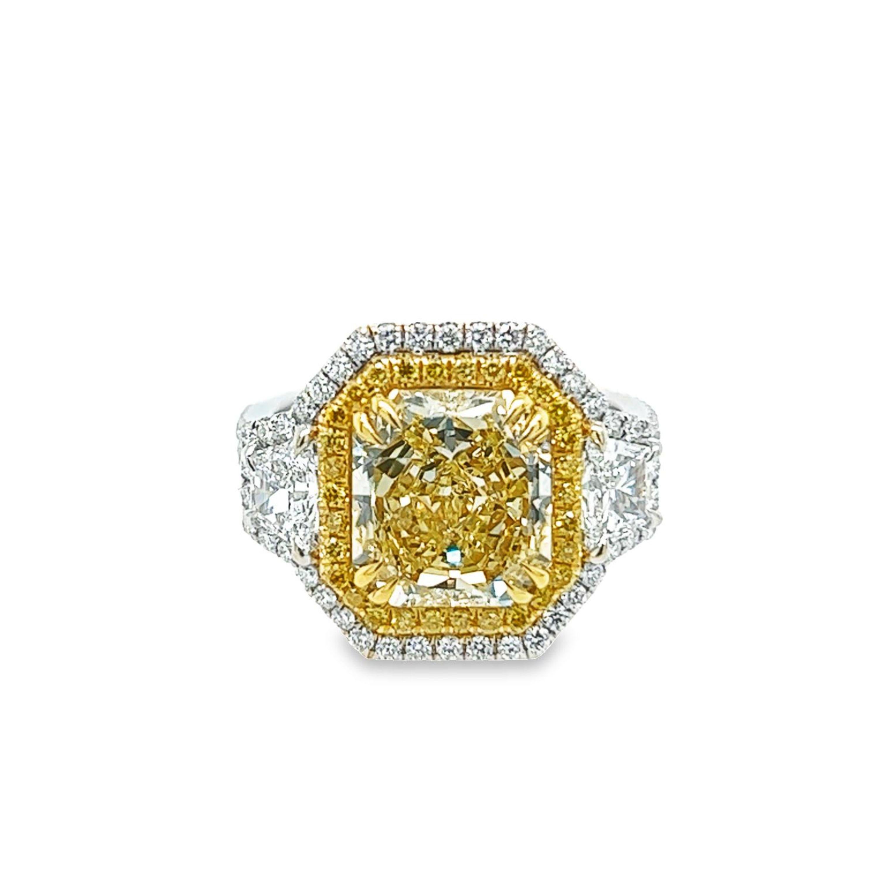 David Rosenberg 3.67 Carat Radiant Fancy Yellow VVS2 GIA Diamond Engagement Ring For Sale 2