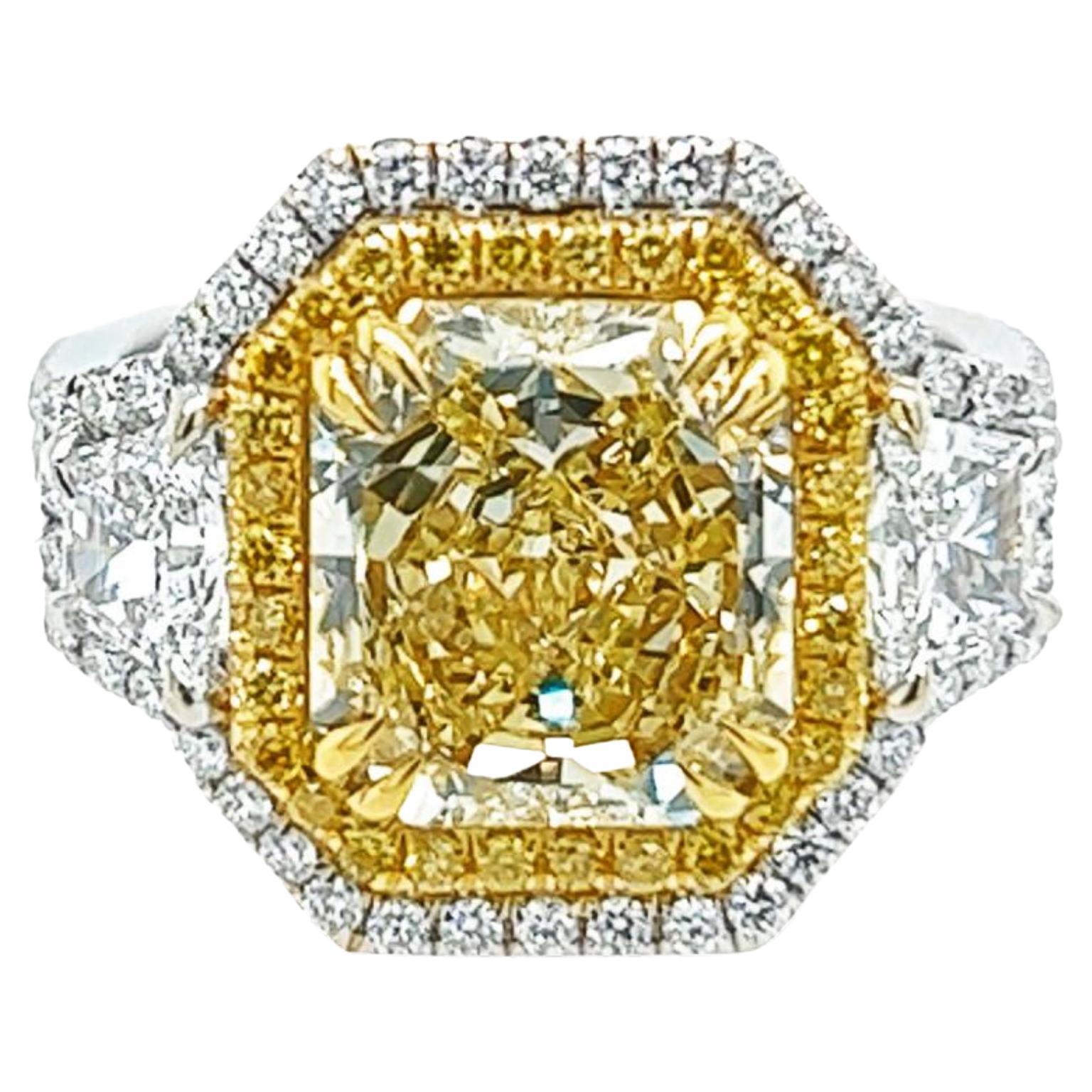 David Rosenberg 3.67 Carat Radiant Fancy Yellow VVS2 GIA Diamond Engagement Ring