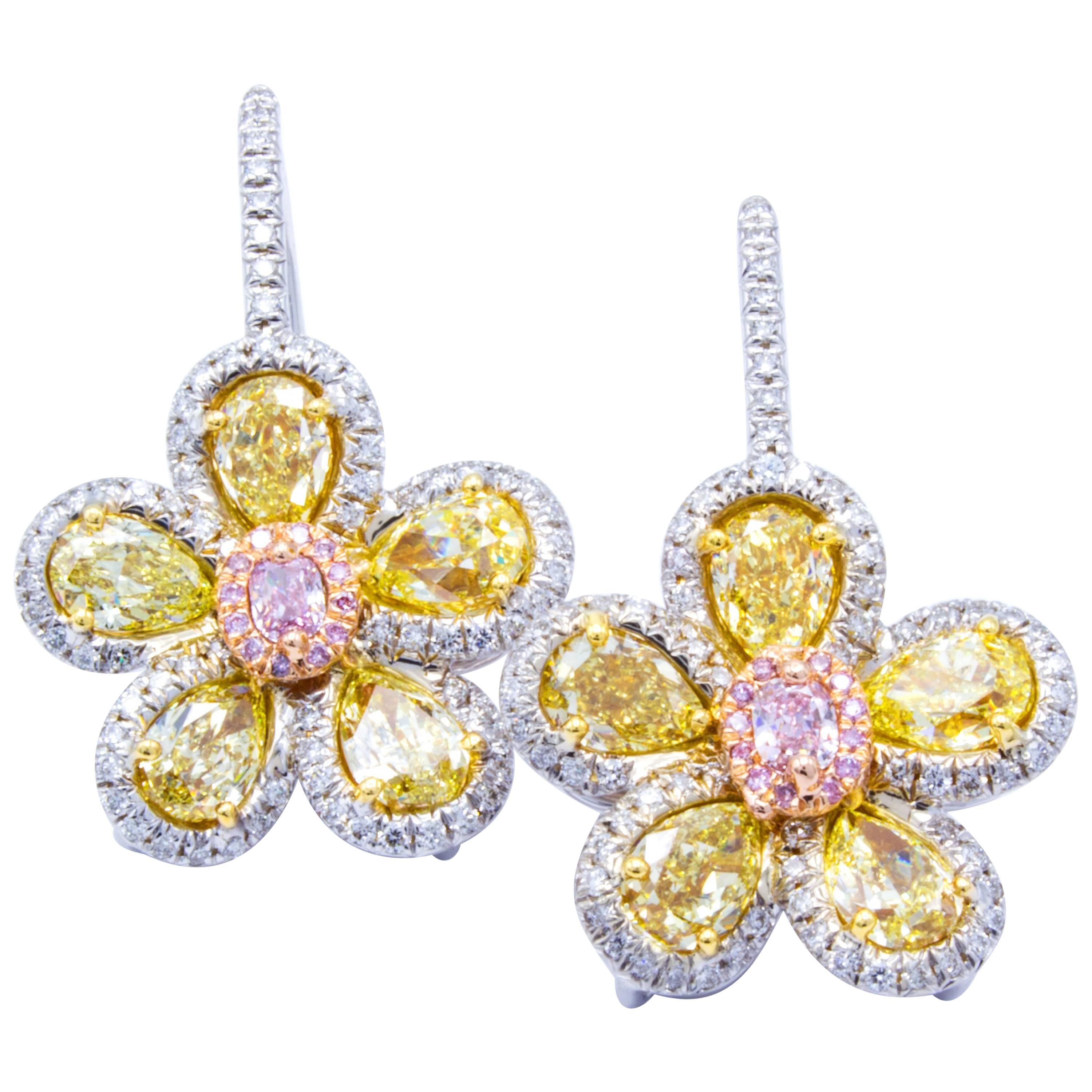 David Rosenberg 3.83 Total Carat Fancy Color Flower Diamond Earrings 18 Karat For Sale