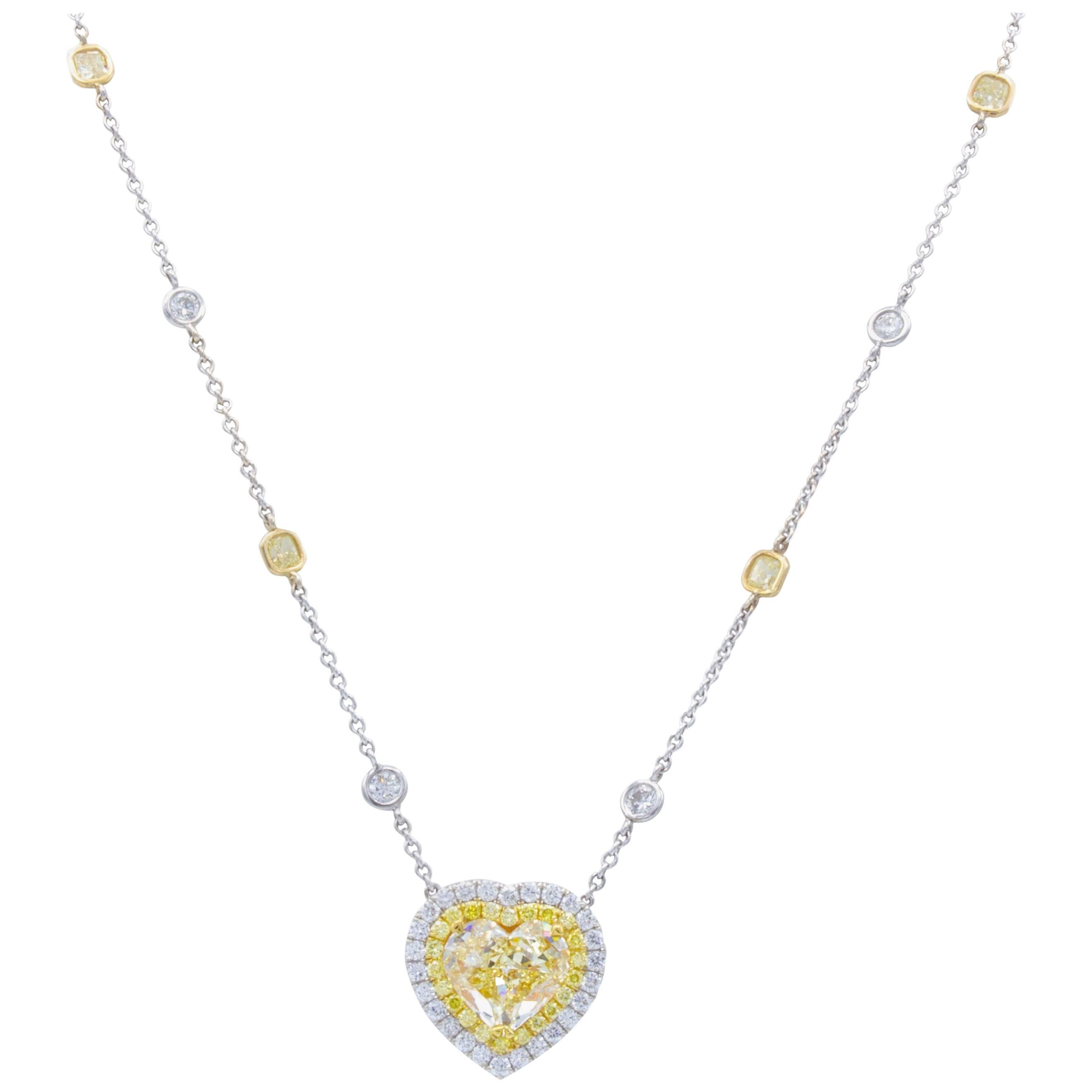 David Rosenberg 3.97 Carat GIA Fancy Light Yellow Heart Shape Diamond Necklace For Sale