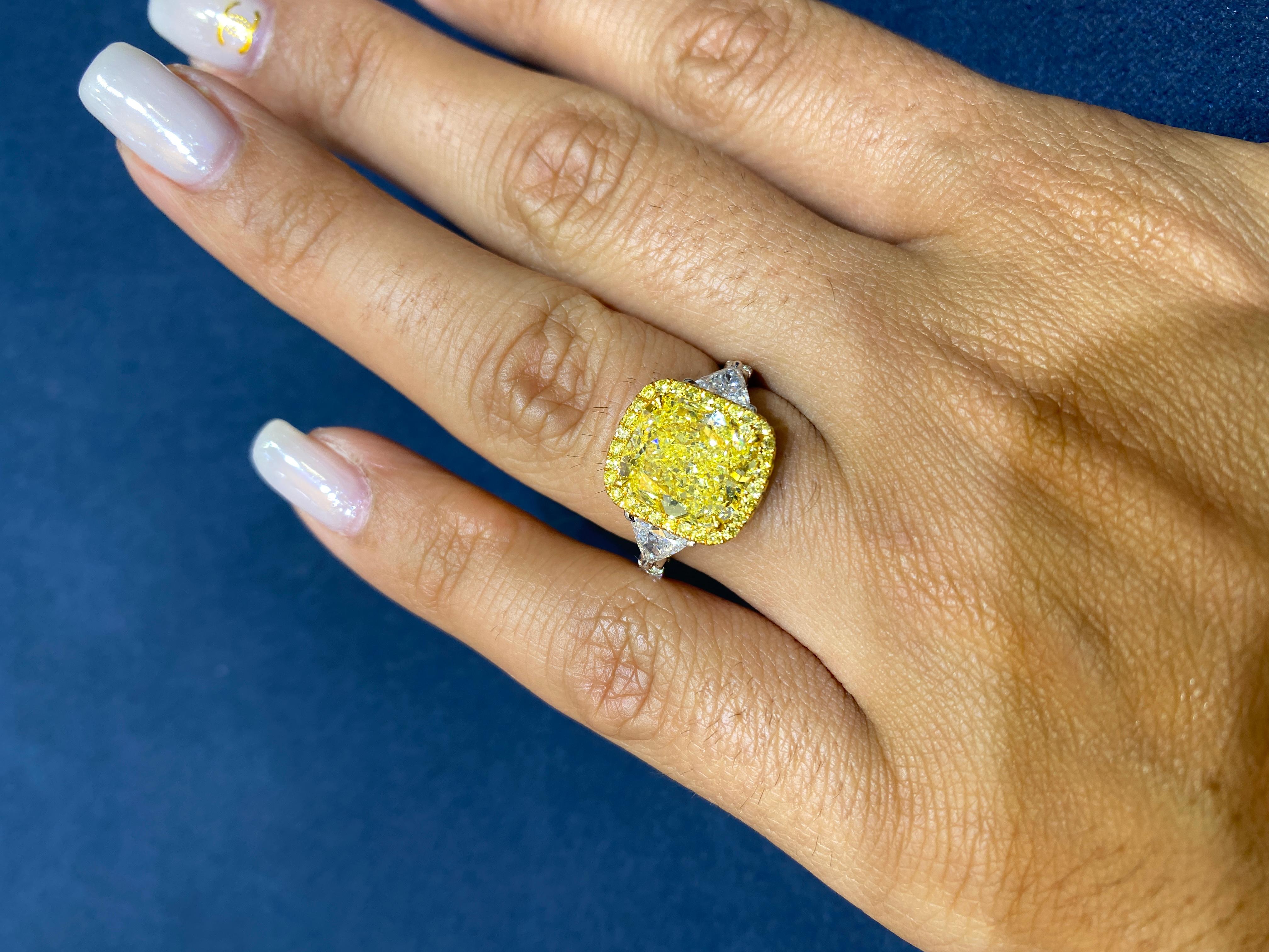 David Rosenberg 4.03 Ct Cushion Fancy Intense Yellow GIA Diamond Engagement Ring For Sale 2