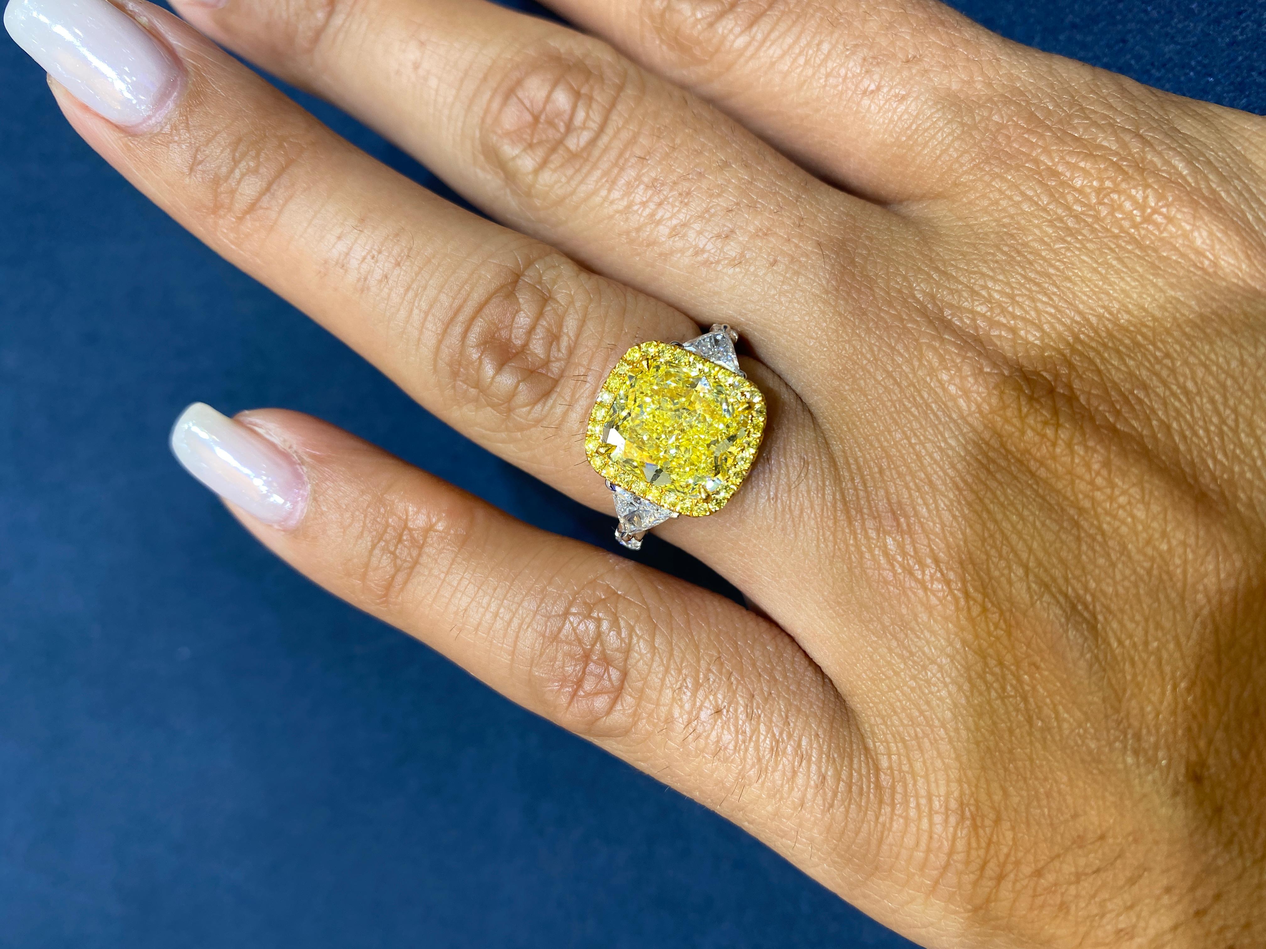David Rosenberg 4.03 Ct Cushion Fancy Intense Yellow GIA Diamond Engagement Ring For Sale 3