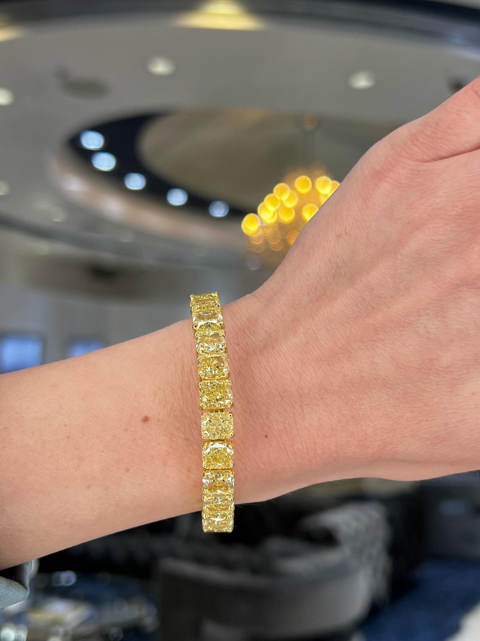 David Rosenberg 42.75 Carat Tw Radiant Fancy Yellow Diamond GIA Tennis Bracelet  For Sale 1