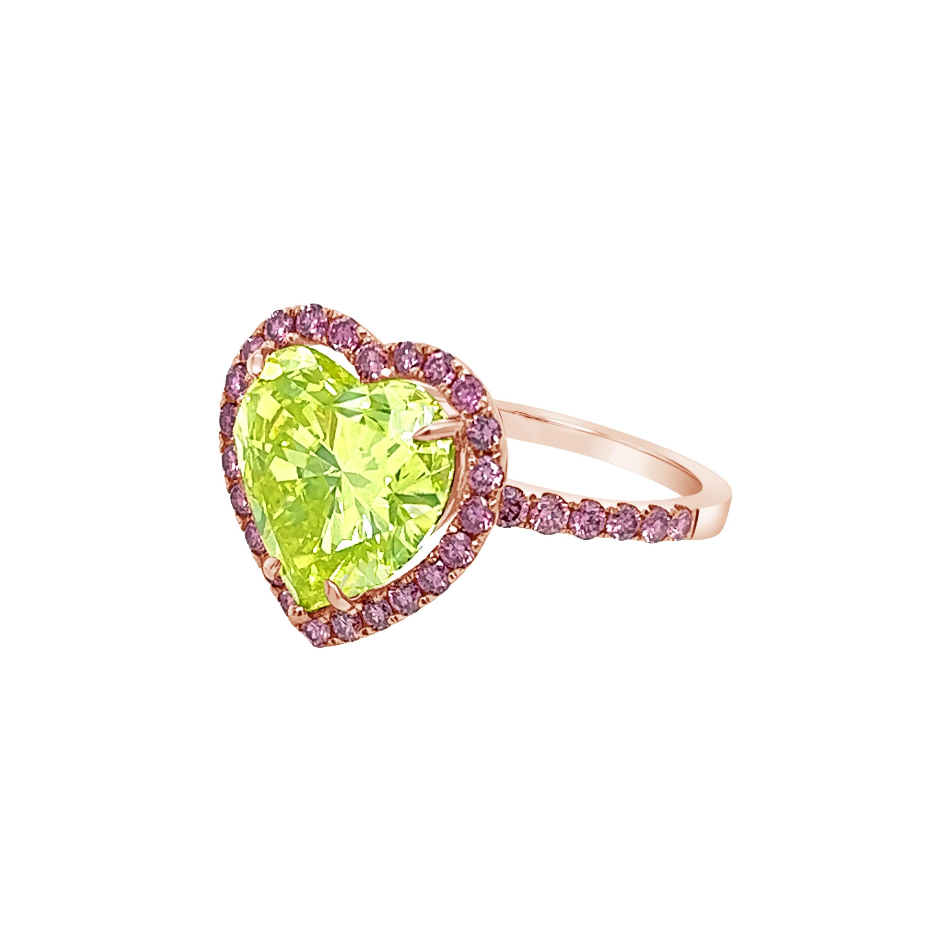 Cushion Cut David Rosenberg 4.27ct Heart Shape Fancy Vivid Green Yellow GIA Diamond Ring  For Sale