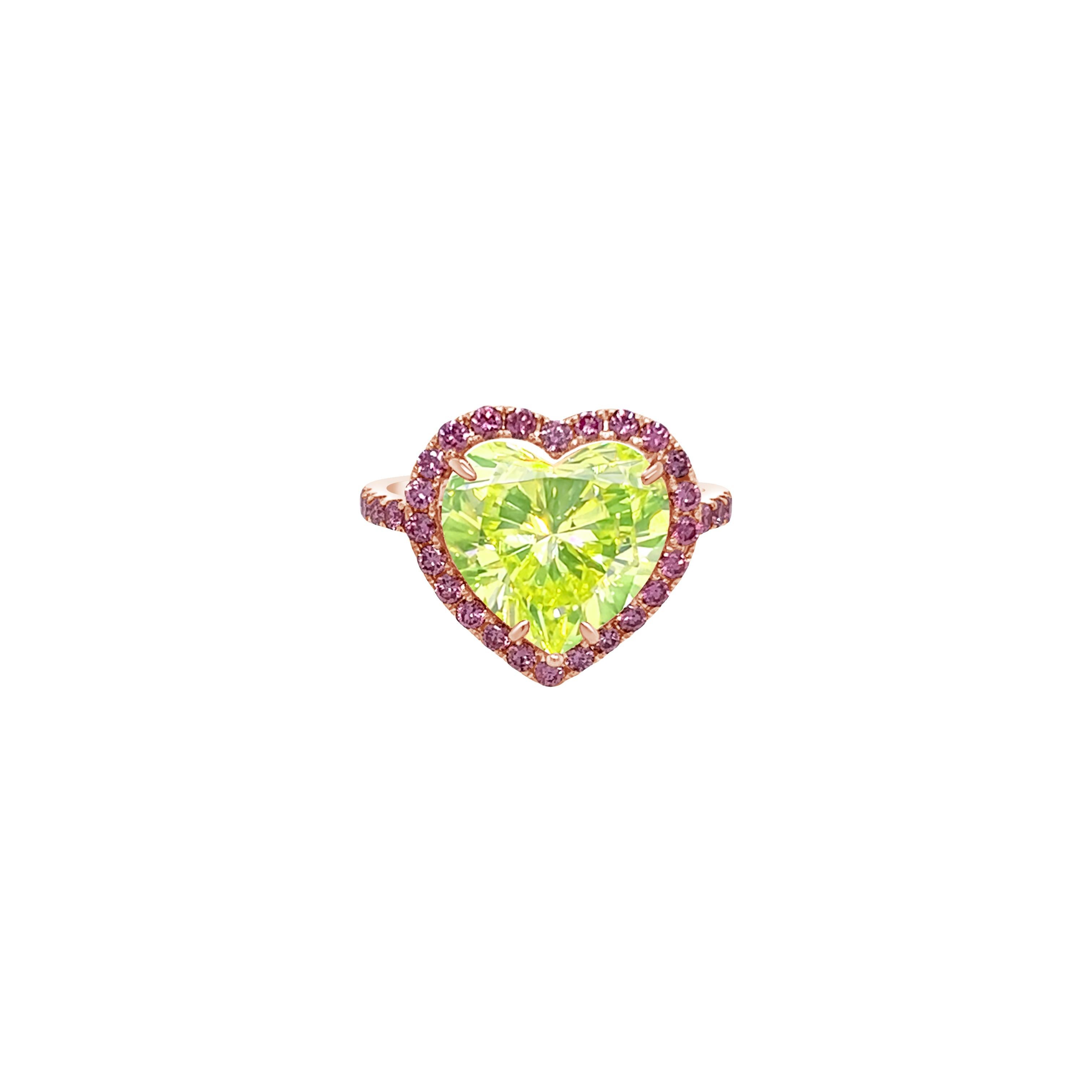 David Rosenberg 4.27ct Heart Shape Fancy Vivid Green Yellow GIA Diamond Ring  In New Condition For Sale In Boca Raton, FL