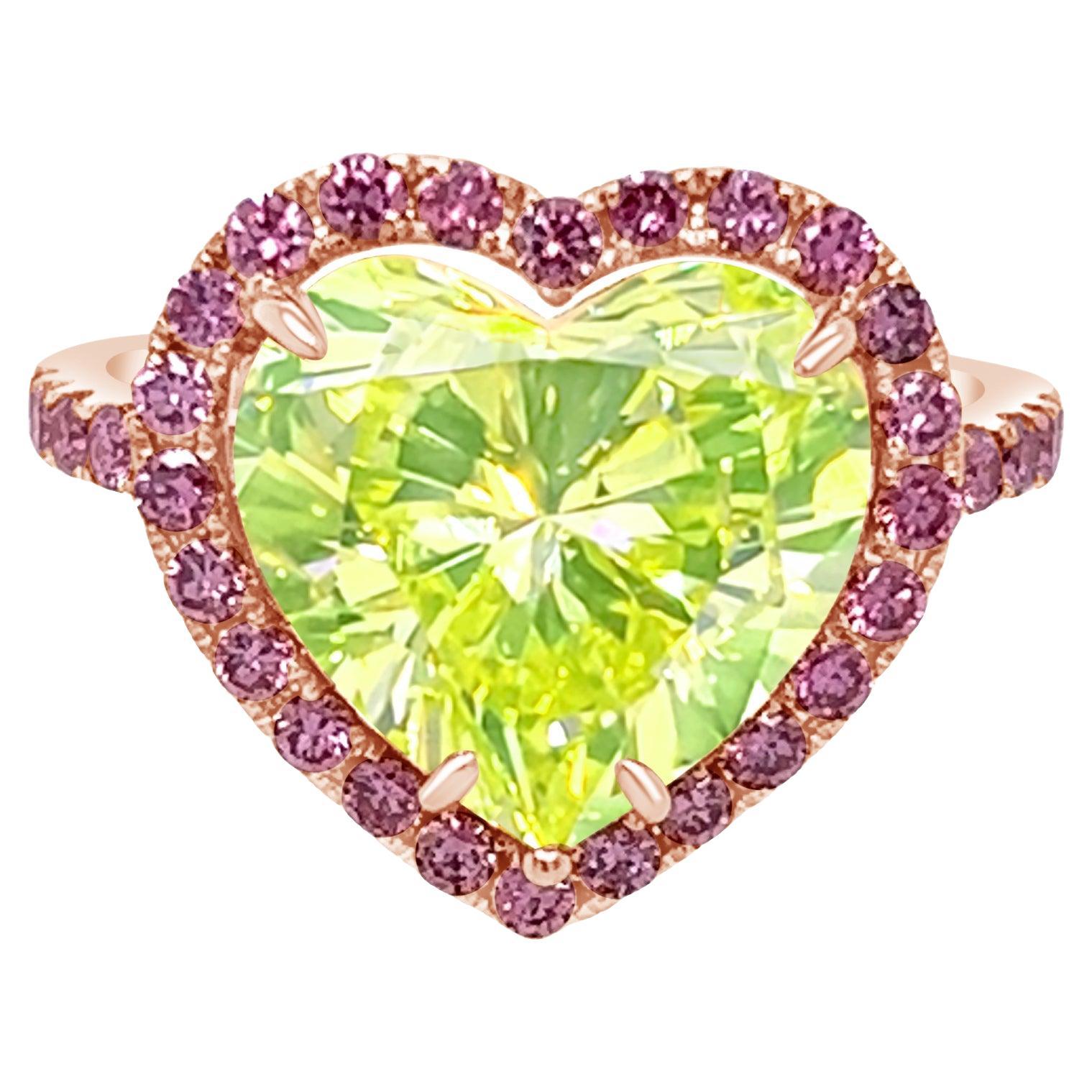 David Rosenberg 4.27ct Heart Shape Fancy Vivid Green Yellow GIA Diamond Ring 