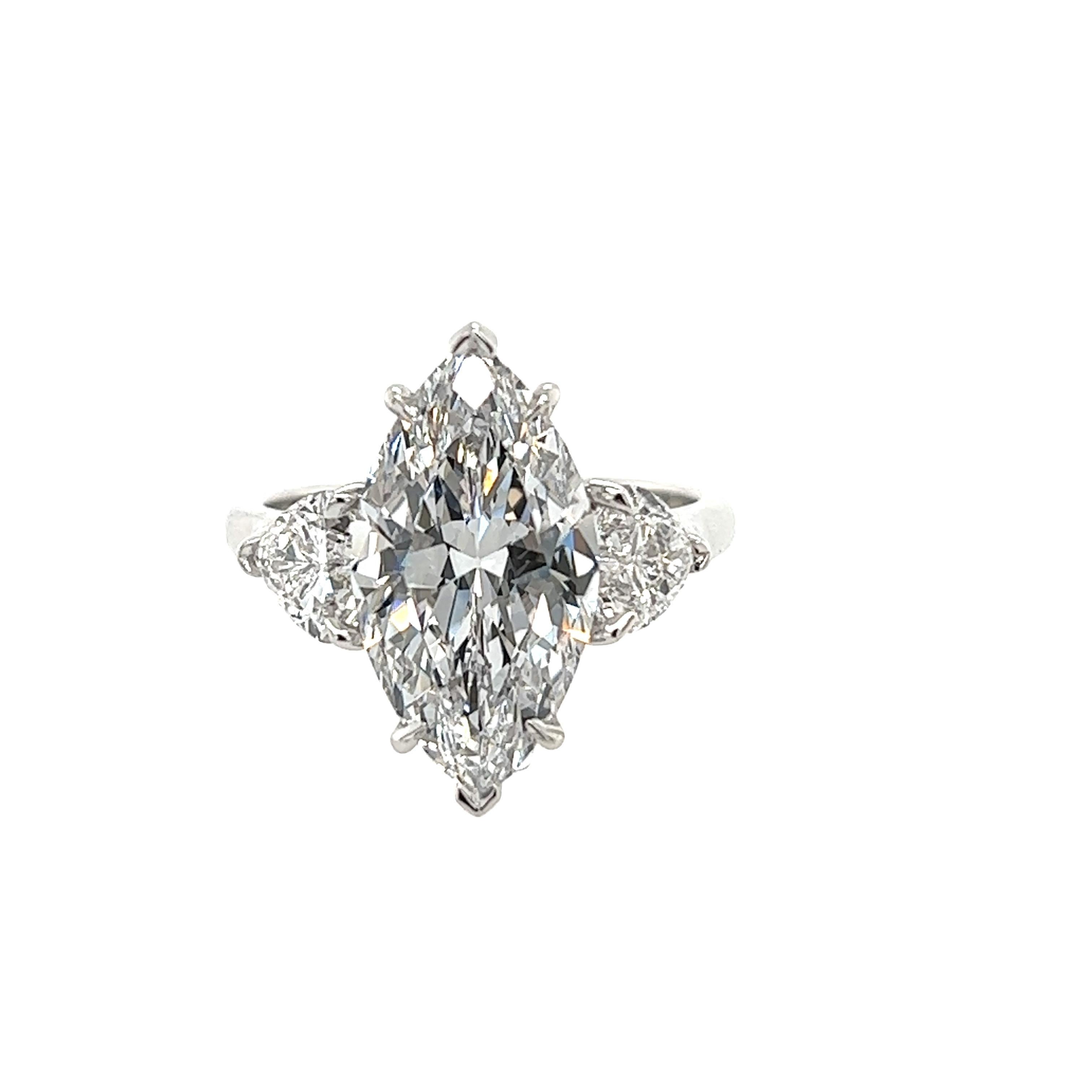 Rosenberg Diamonds & Co. 4.96 carat Marquise shape D color Type II B Internally Flawless clarity is accompanied by a GIA certificate. This mesmerizing prefect marquise is full of life and is extremely rare. It is set in a handmade platinum setting