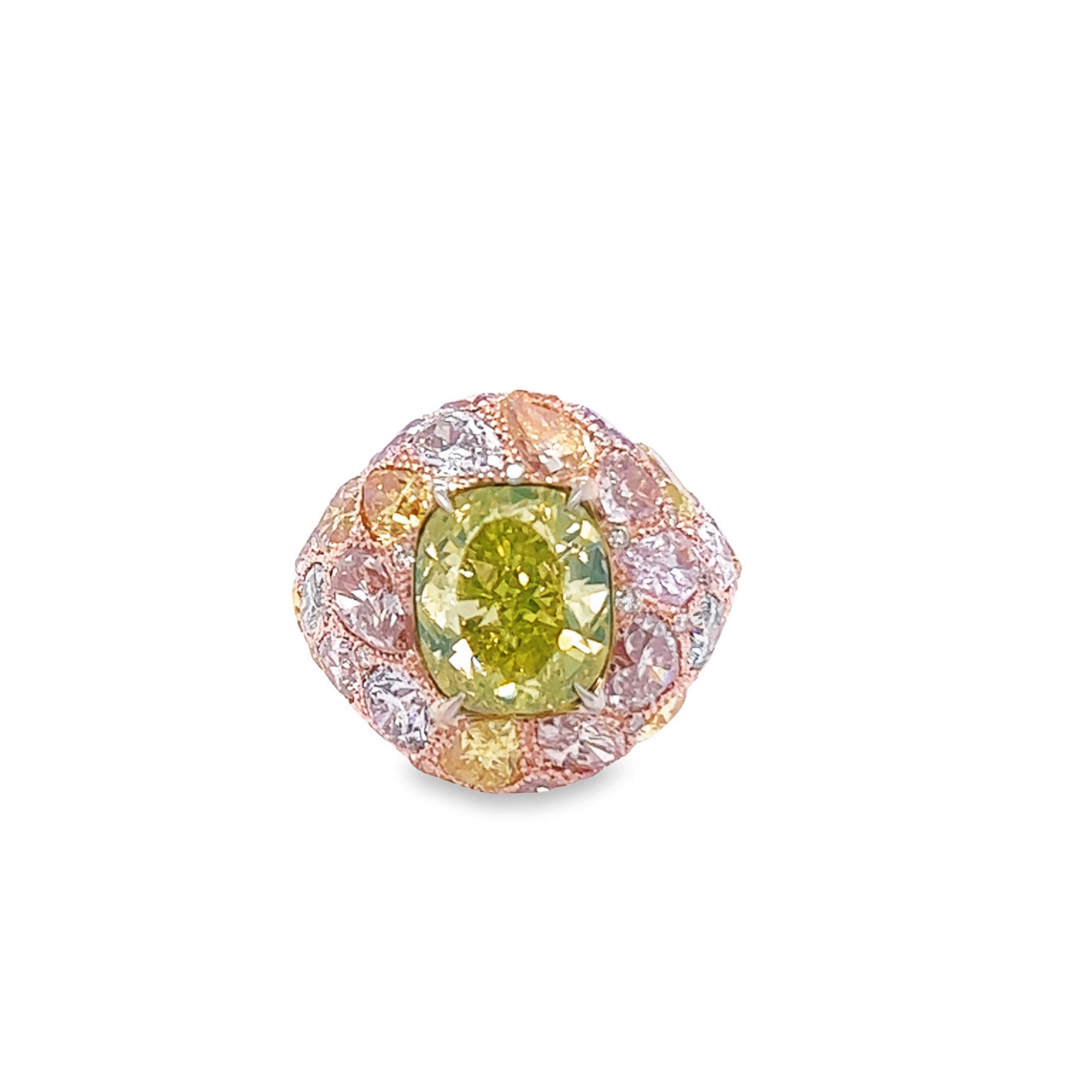 Rosenberg Diamonds & Co. 5.02 carat Cushion Fancy Intense Green Yellow SI1 clarity accompanied by a GIA certificate. This elegant and vibrant dome ring is an exceptional SI1 that is set in a handmade 18 karat rose gold setting with 9.47 total carat