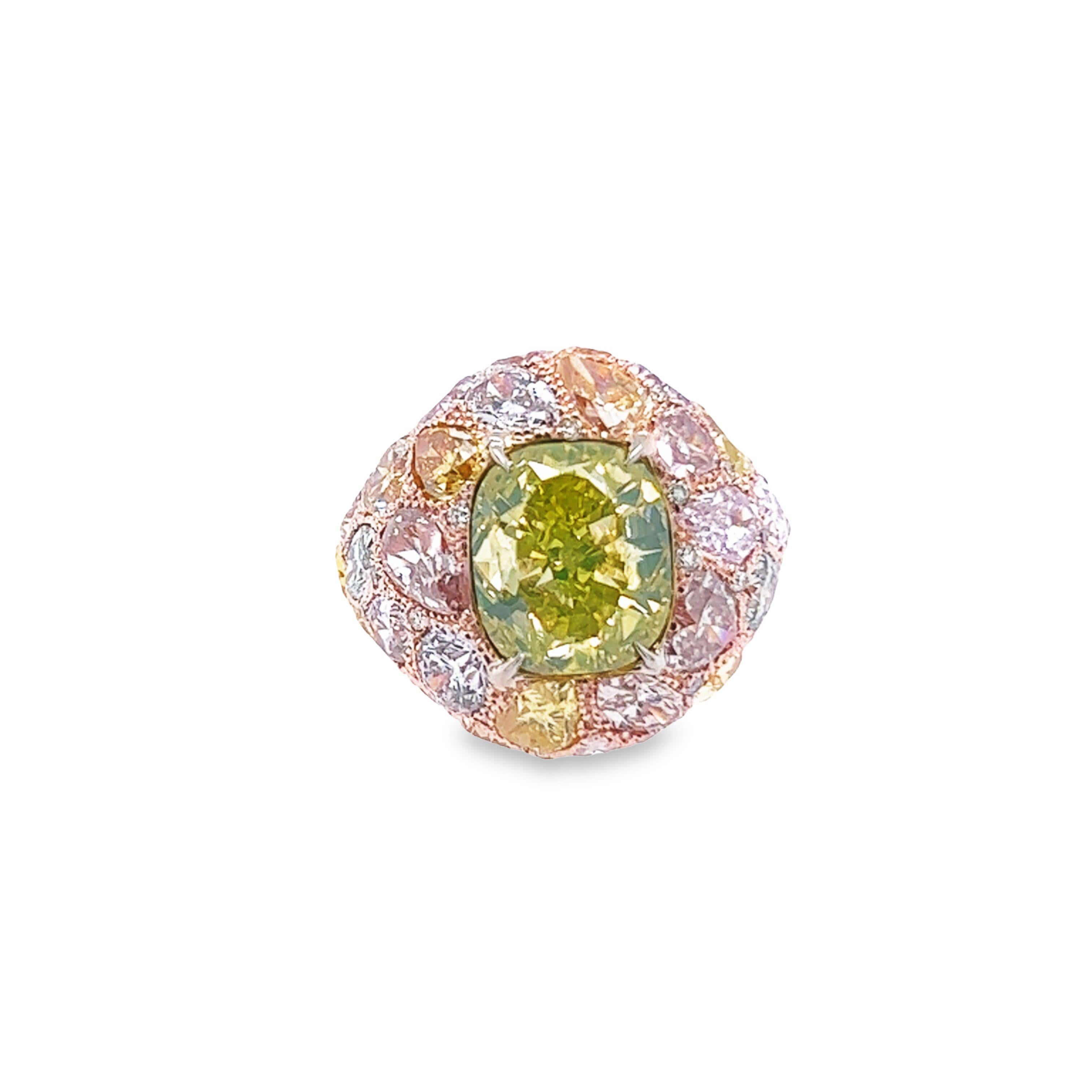 Women's David Rosenberg 5.02 Carat Cushion Fancy Intense Green Yellow GIA Diamond Ring For Sale