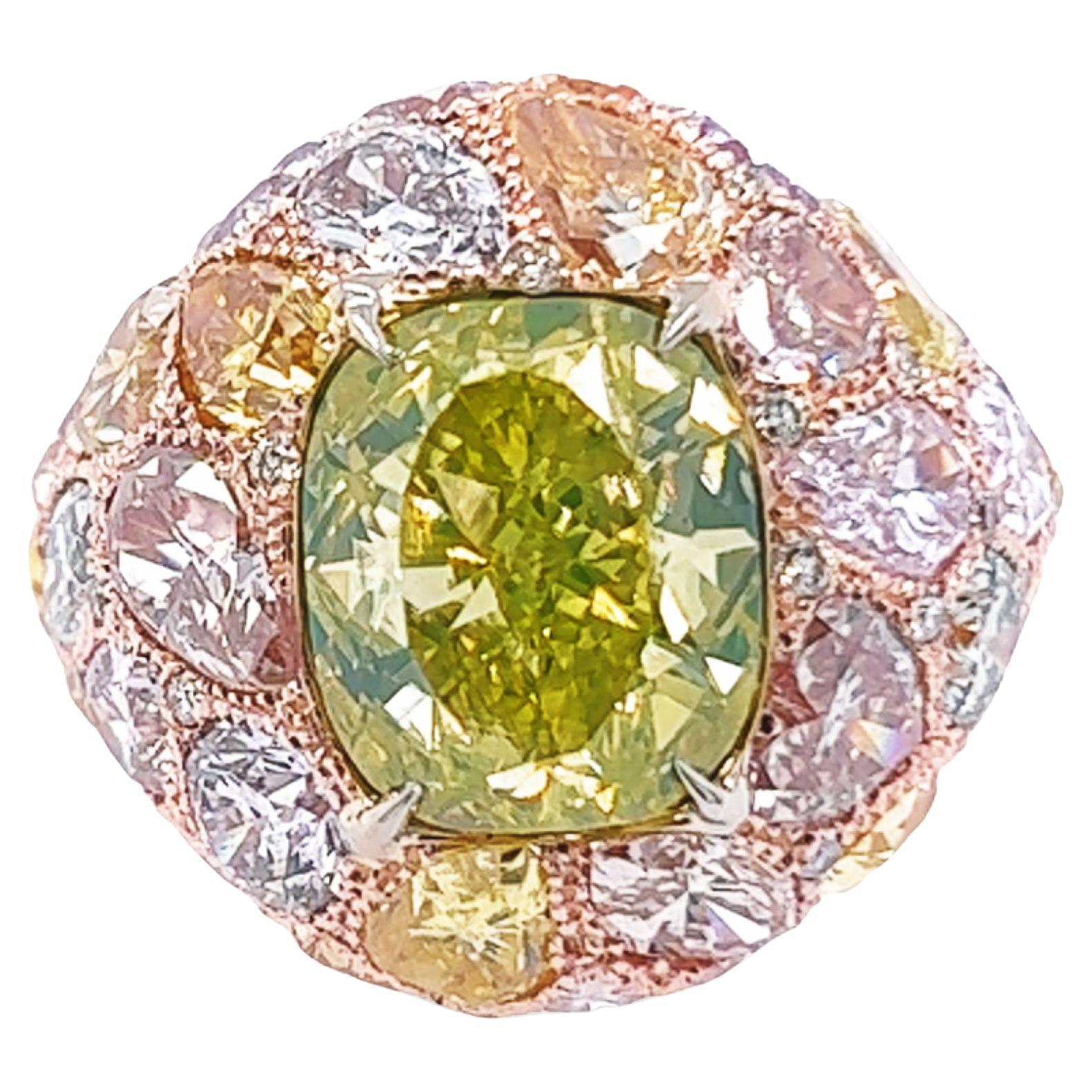 David Rosenberg 5.02 Carat Cushion Fancy Intense Green Yellow GIA Diamond Ring For Sale
