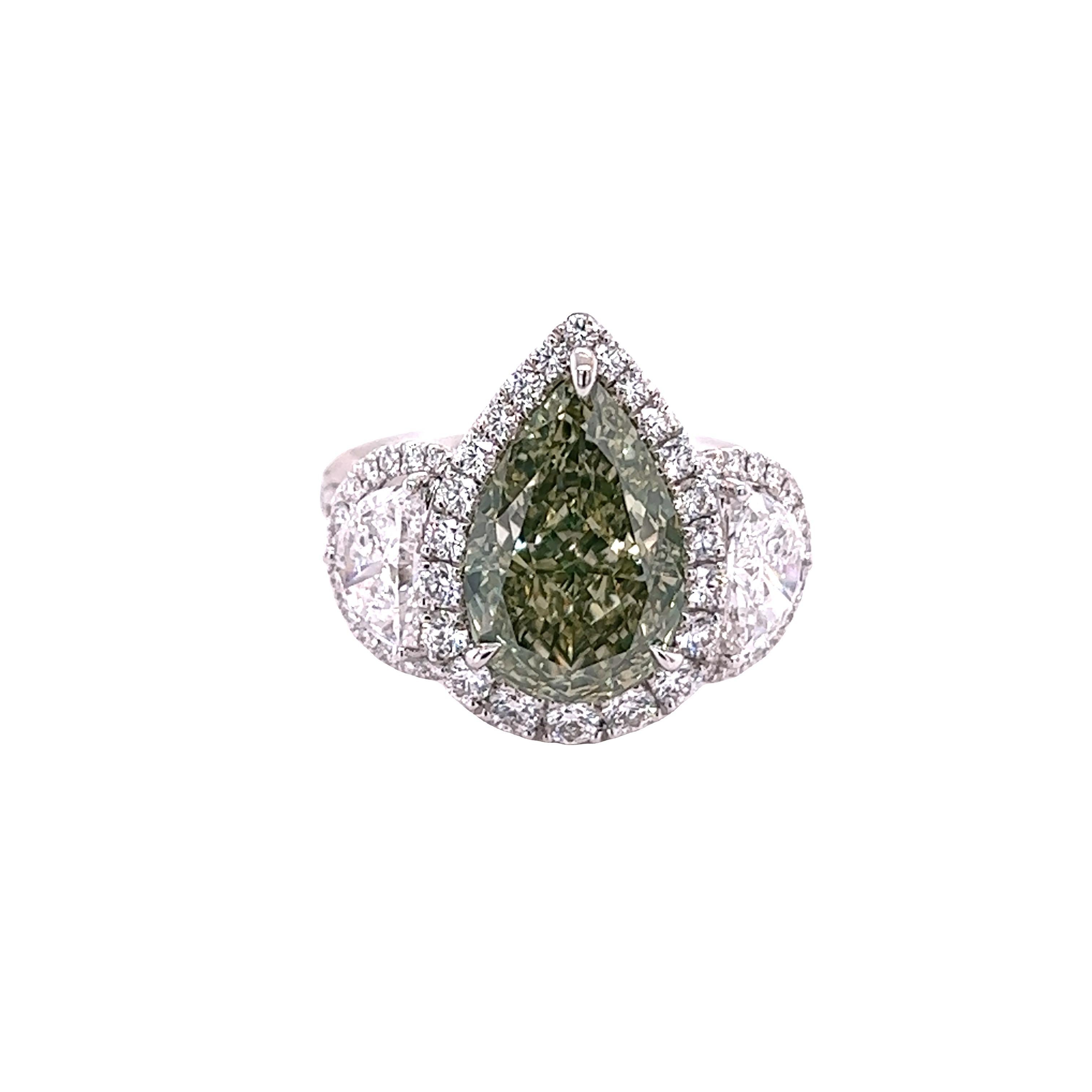 David Rosenberg 5.02 Carat Fancy Green Yellow Pear GIA Diamond Engagement Ring For Sale 2