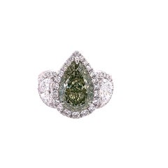 David Rosenberg 5.02 Carat Fancy Green Yellow Pear GIA Diamond Engagement Ring