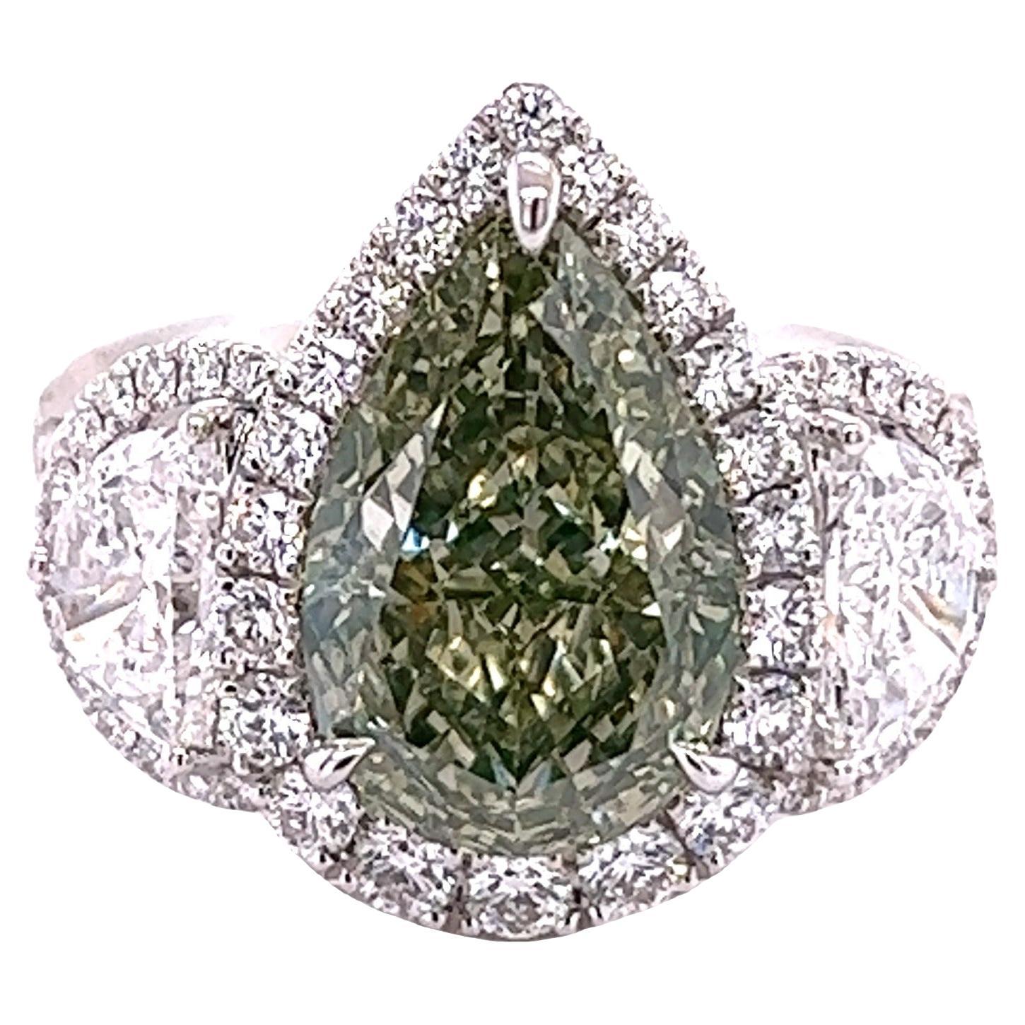 David Rosenberg 5.02 Carat Fancy Green Yellow Pear GIA Diamond Engagement Ring For Sale