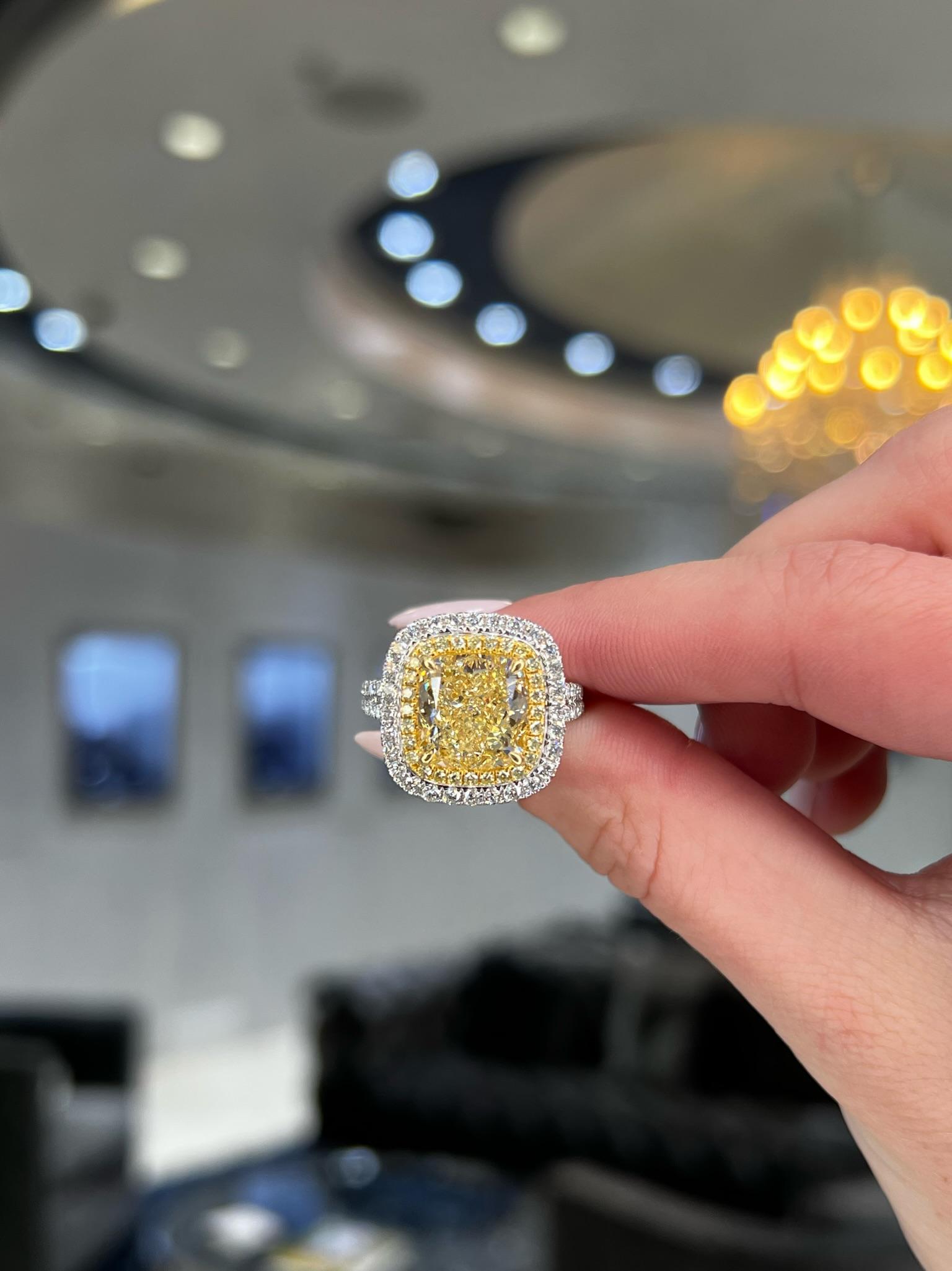 David Rosenberg 6.14 Cushion Light Yellow GIA Halo Diamond Engagement Ring  For Sale 7