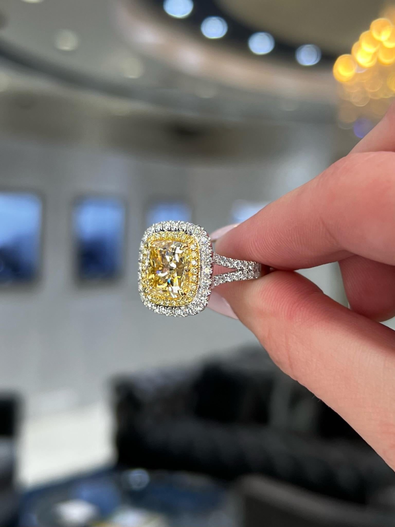 David Rosenberg 6.14 Cushion Light Yellow GIA Halo Diamond Engagement Ring  For Sale 8