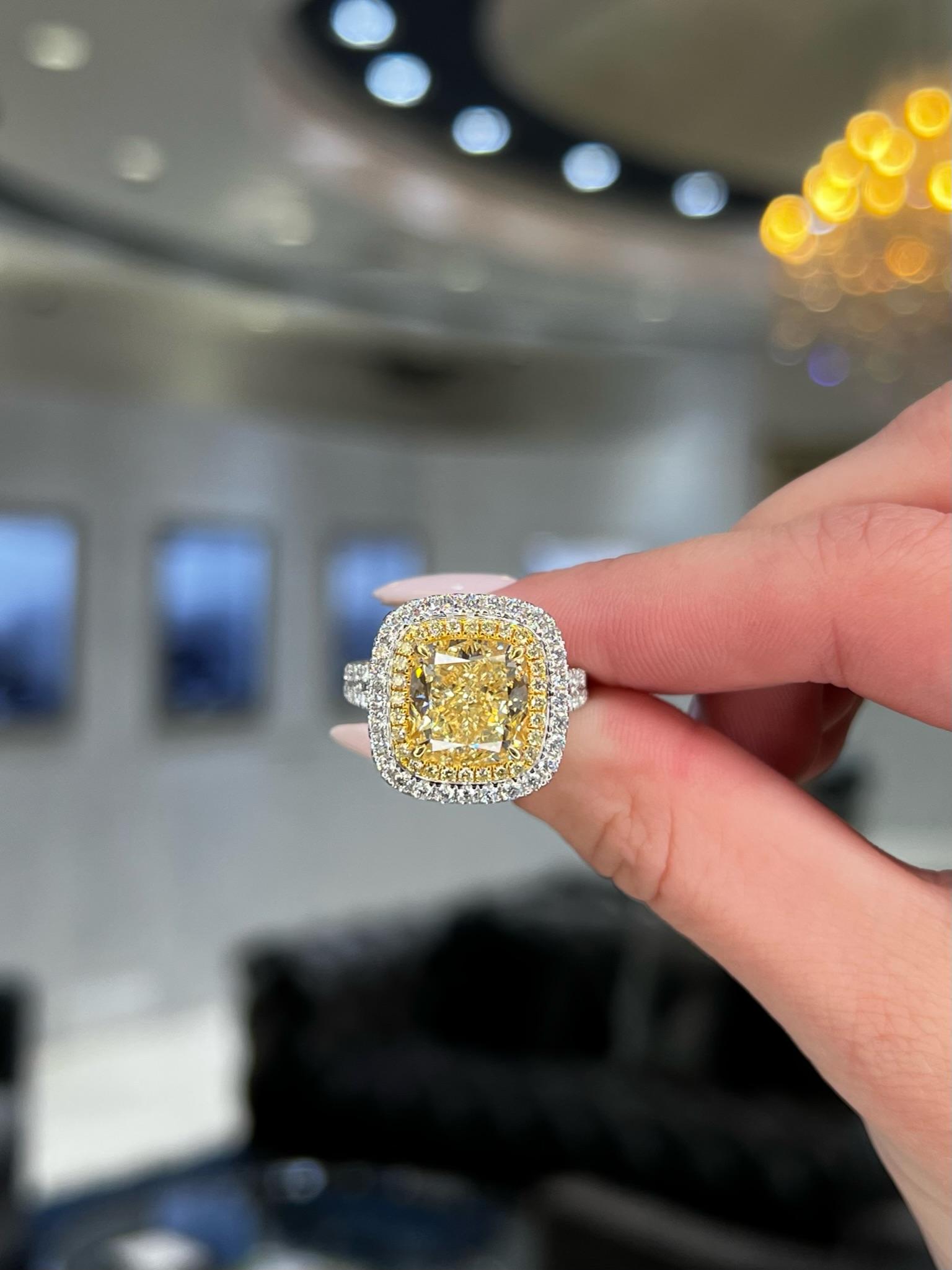 David Rosenberg 6.14 Cushion Light Yellow GIA Halo Diamond Engagement Ring  For Sale 9