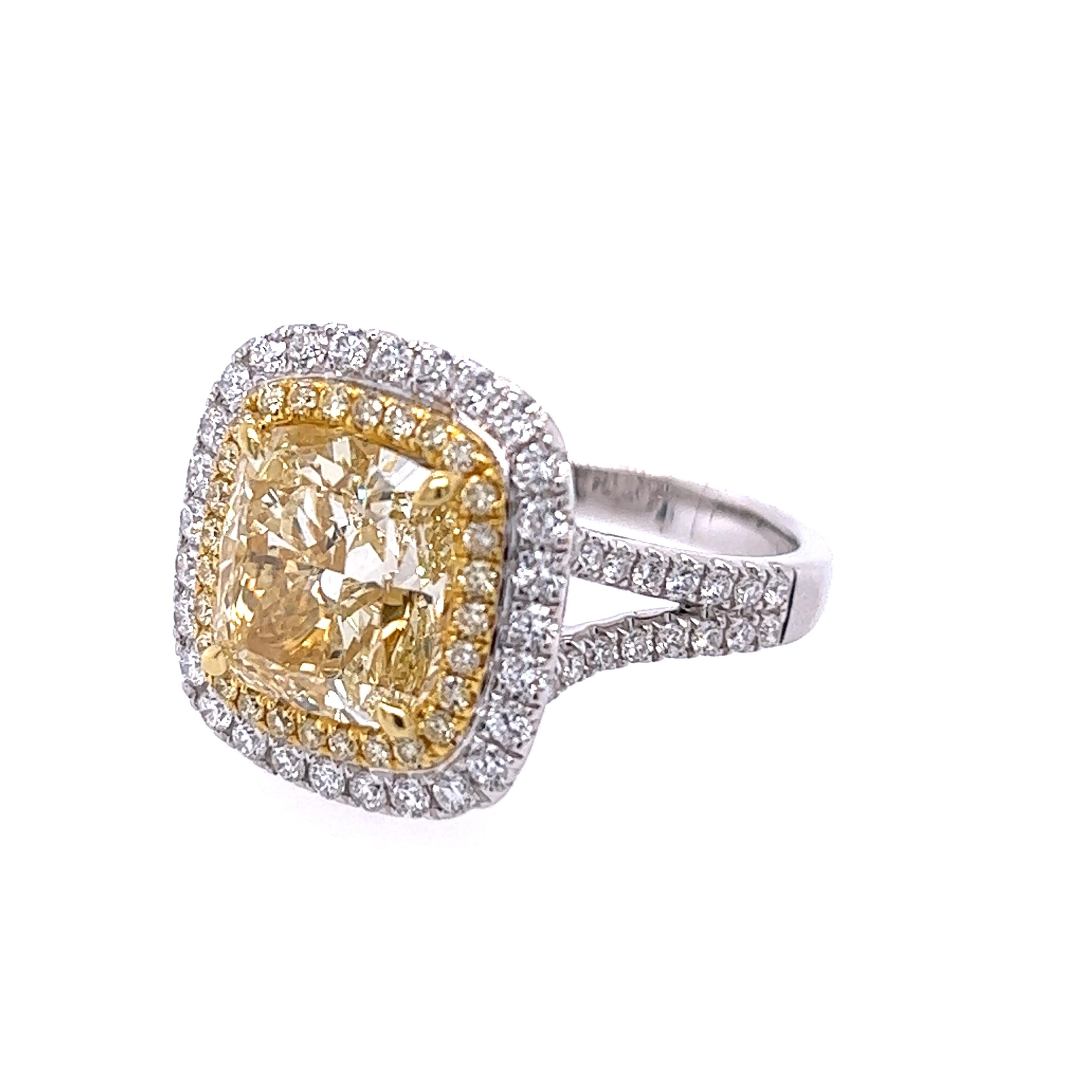 David Rosenberg 6.14 Cushion Light Yellow GIA Halo Diamond Engagement Ring  In New Condition For Sale In Boca Raton, FL