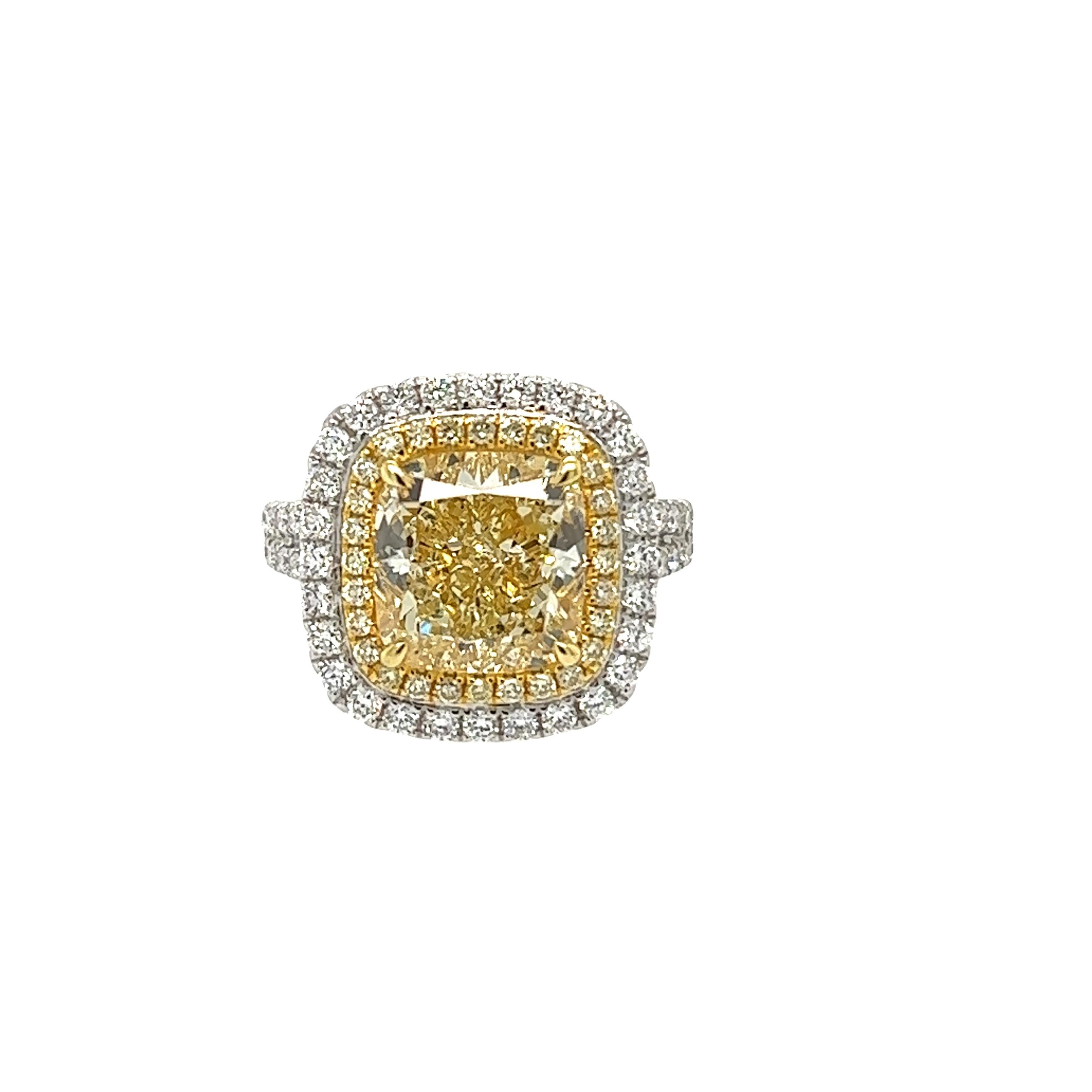 David Rosenberg 6.14 Cushion Light Yellow GIA Halo Diamond Engagement Ring In New Condition For Sale In Boca Raton, FL